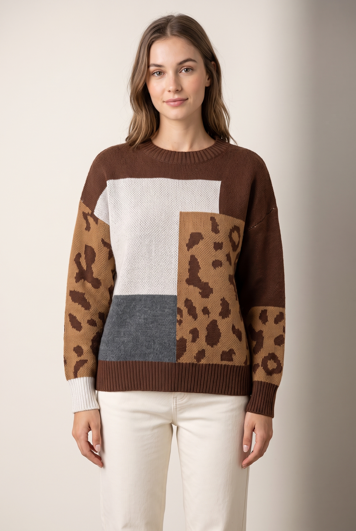 Rachel Women's Cozy Knit with Relaxed Fit and Soft Texture Sweater in Brown, on model