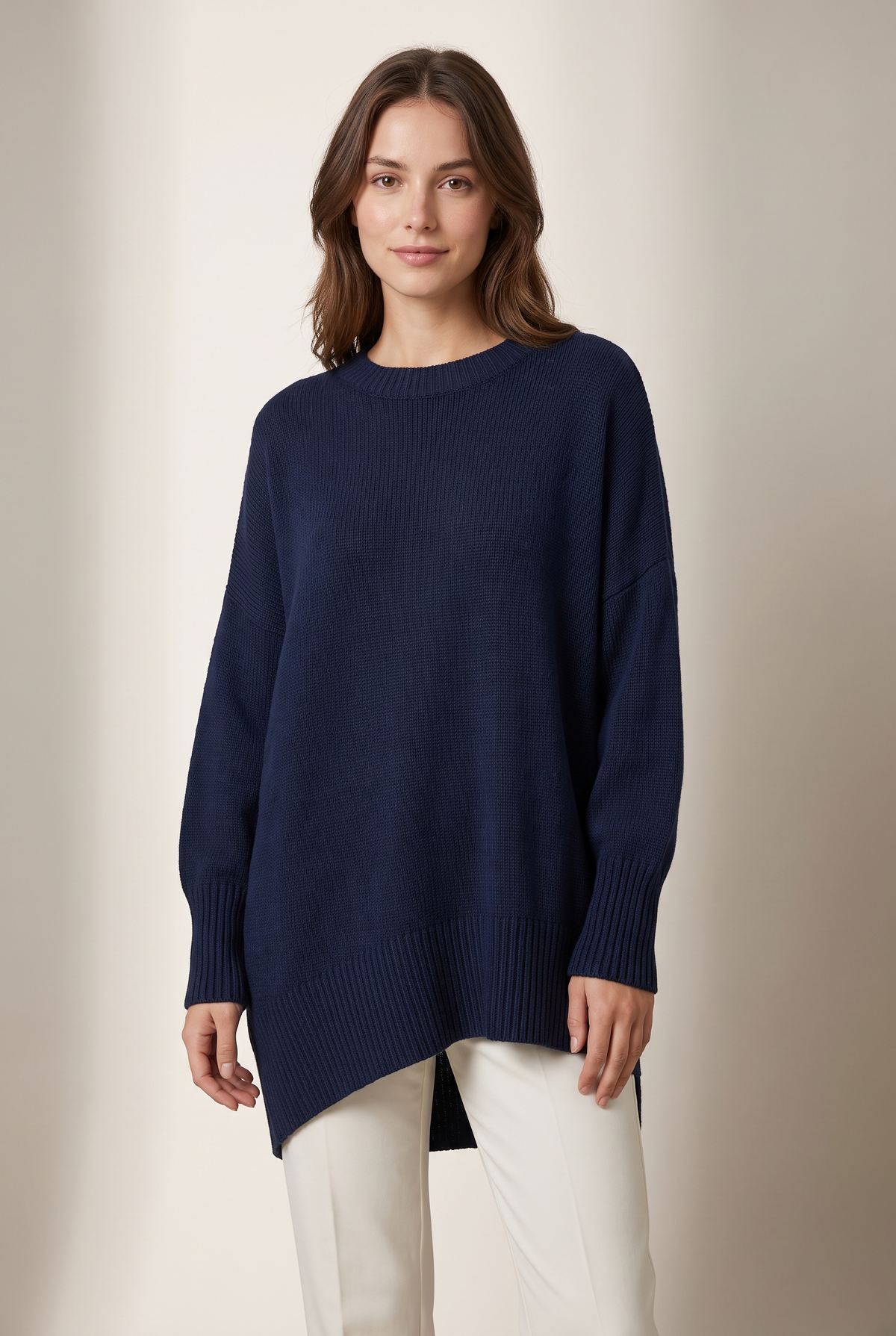 Kayla Women's Long Sleeve Oversized Fit Ribbed Cuffs Hem Sweater in Navy Blue, on model