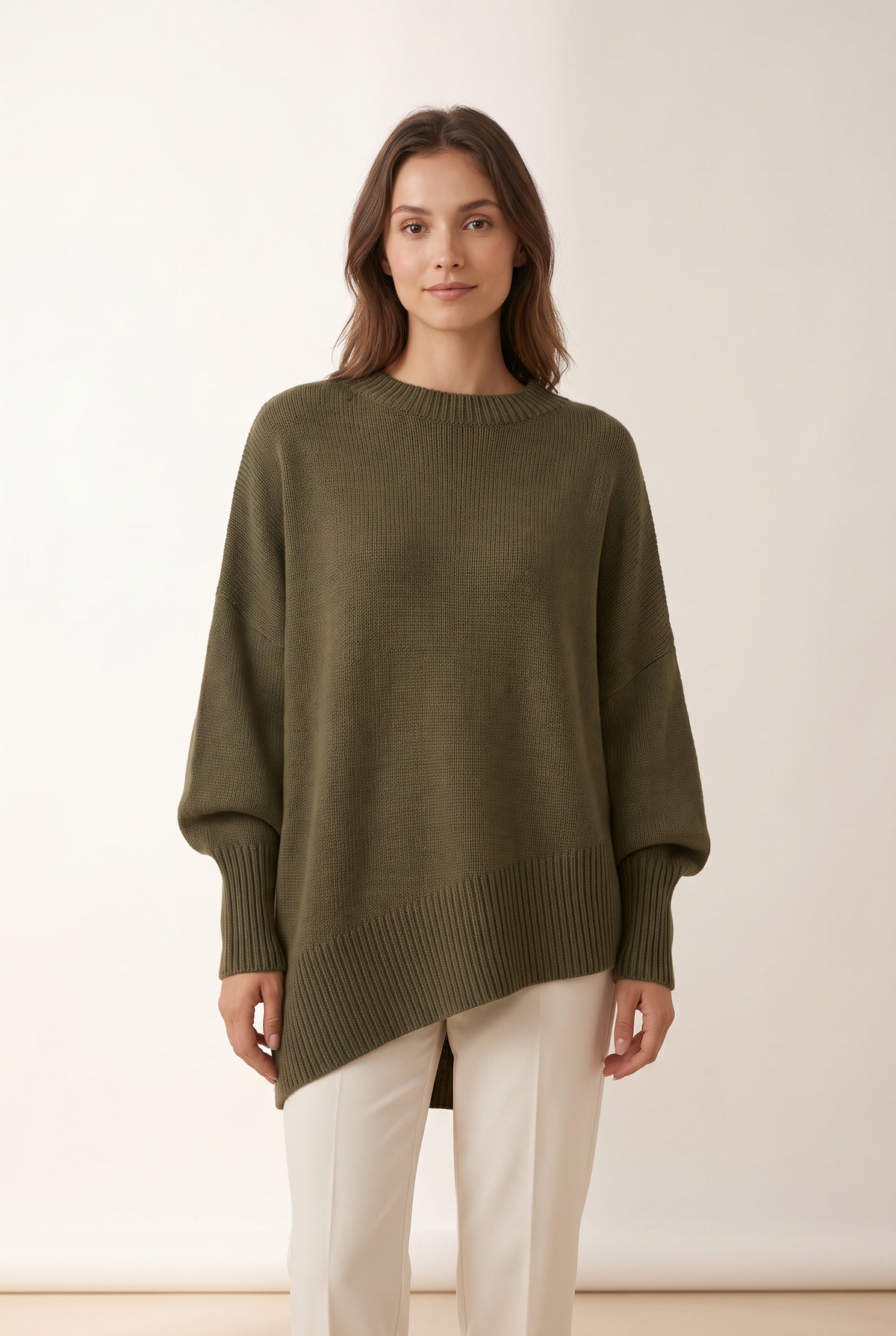 Kayla Women's Long Sleeve Oversized Fit Ribbed Cuffs Hem Sweater in Olive Green, on model