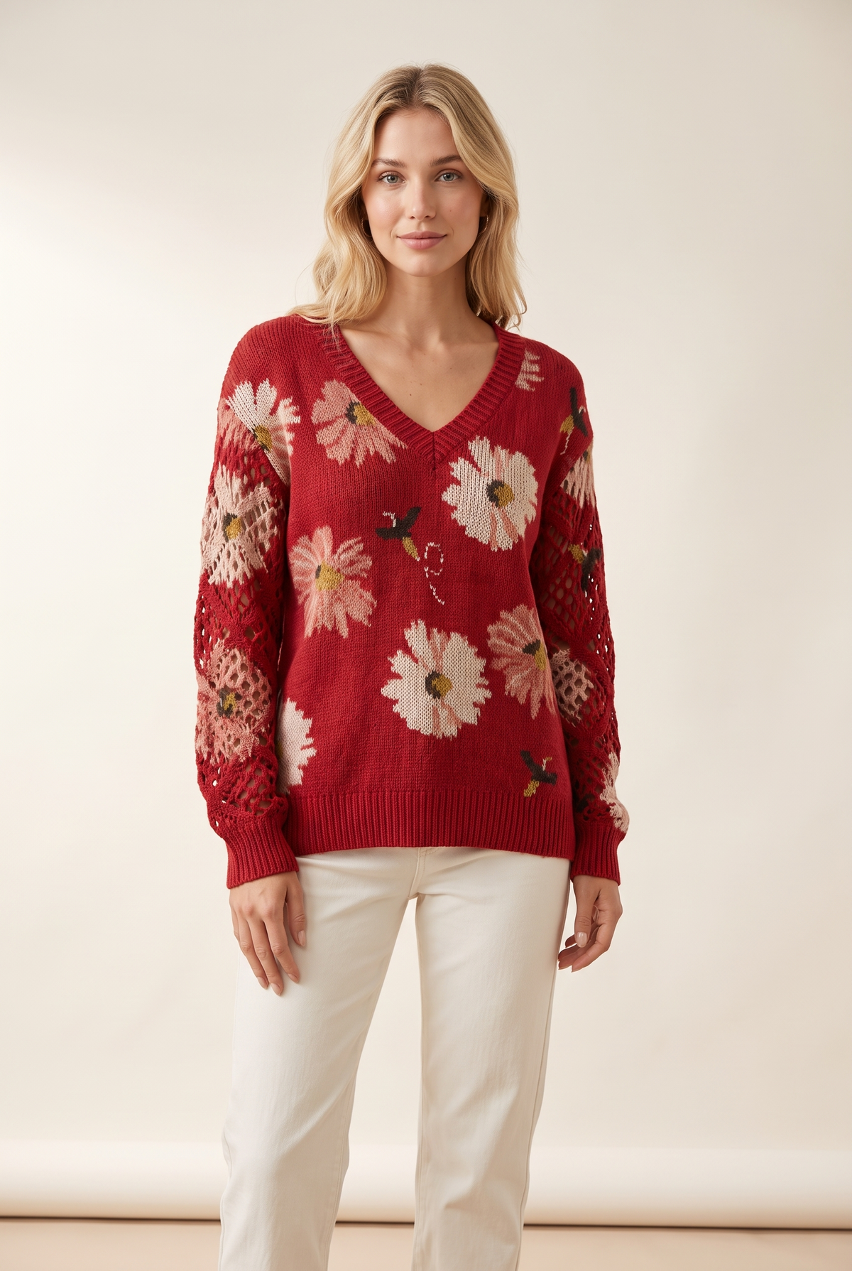 Jenny Women's Cozy Knit with Relaxed Fit and Soft Texture Sweater in Red, on model