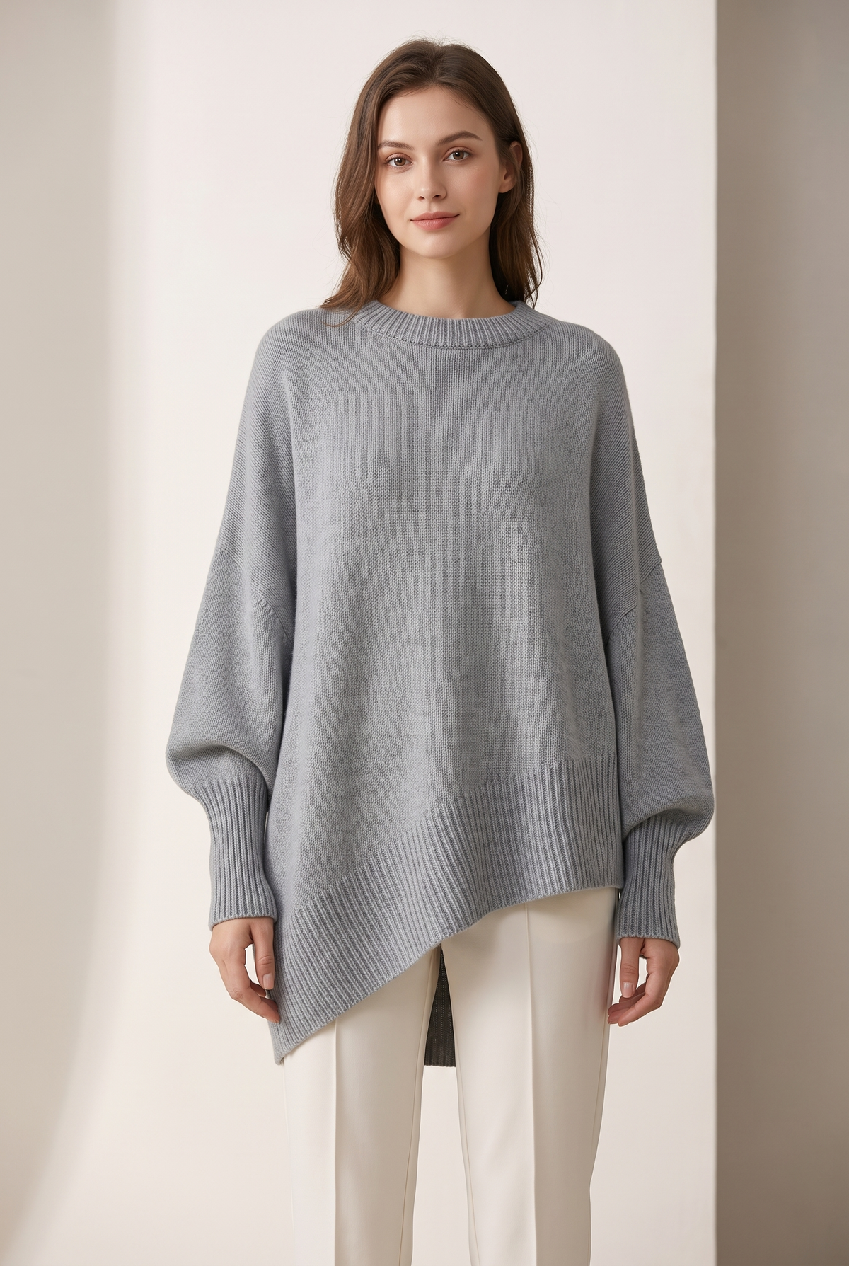 Kayla Women's Long Sleeve Oversized Fit Ribbed Cuffs Hem Sweater in Gray, on model