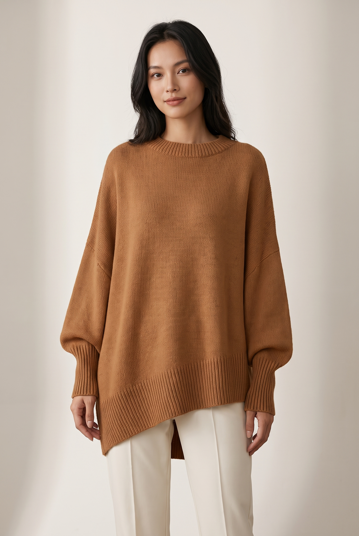 Kayla Women's Long Sleeve Oversized Fit Ribbed Cuffs Hem Sweater in Brown, on model