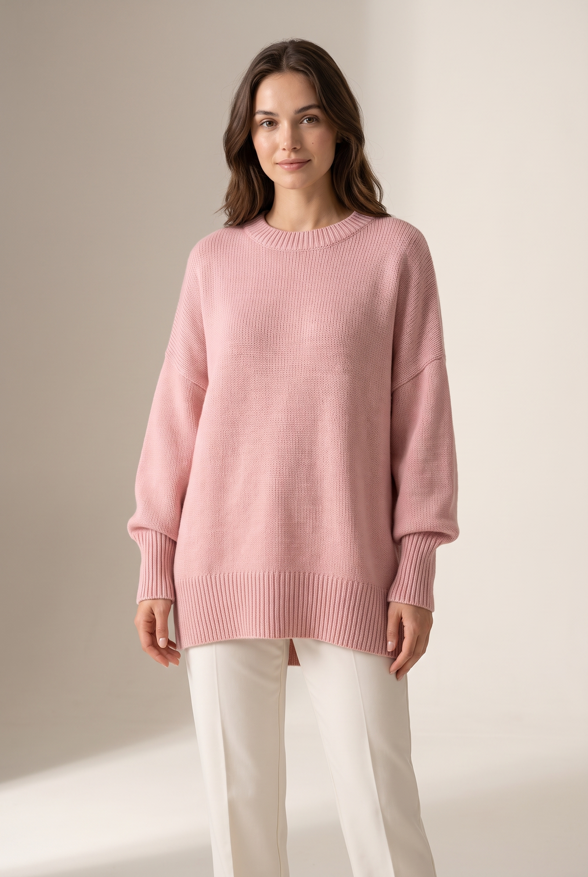 Kayla Women's Long Sleeve Oversized Fit Ribbed Cuffs Hem Sweater in Pink, on model