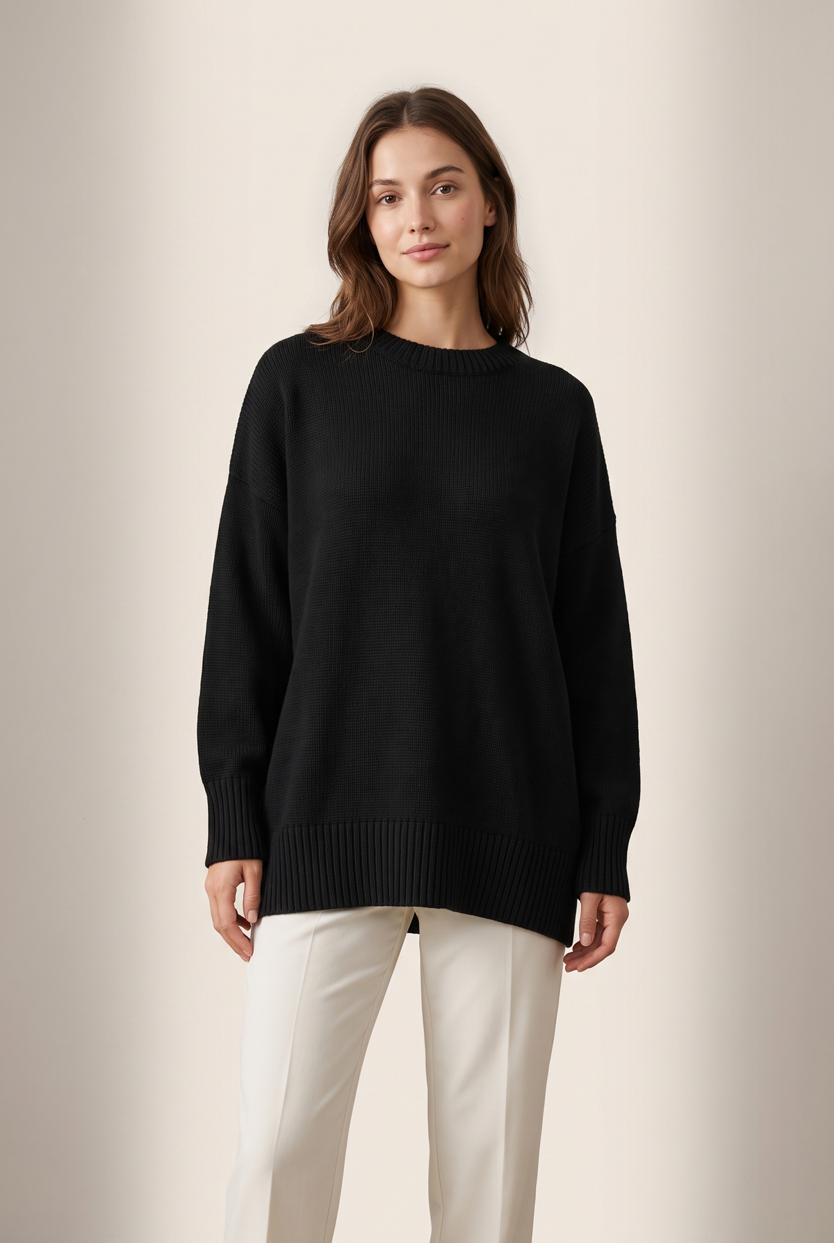 Kayla Women's Long Sleeve Oversized Fit Ribbed Cuffs Hem Sweater in Black, on model