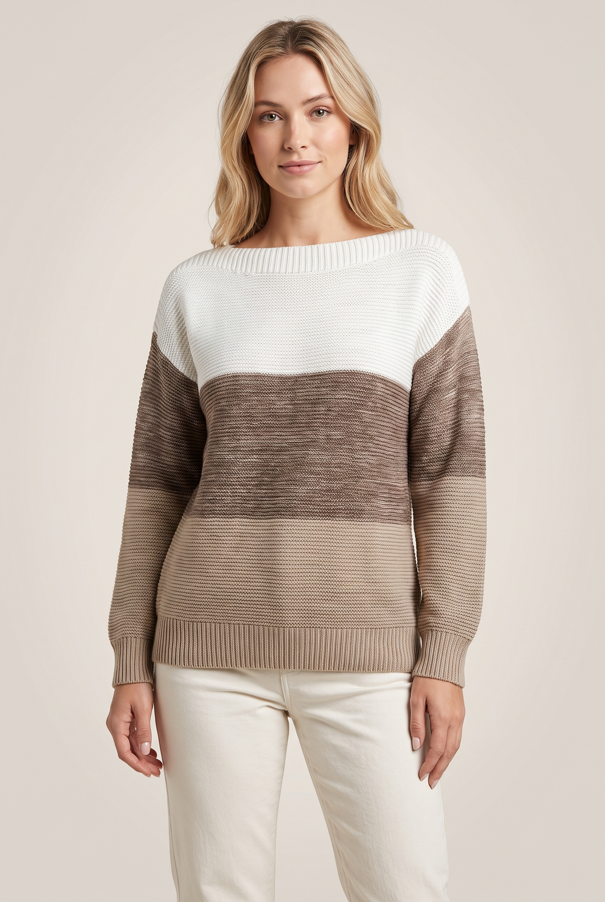 Karen Women's Cozy Knit with Soft Texture and Relaxed Fit Sweater in Brown, on model