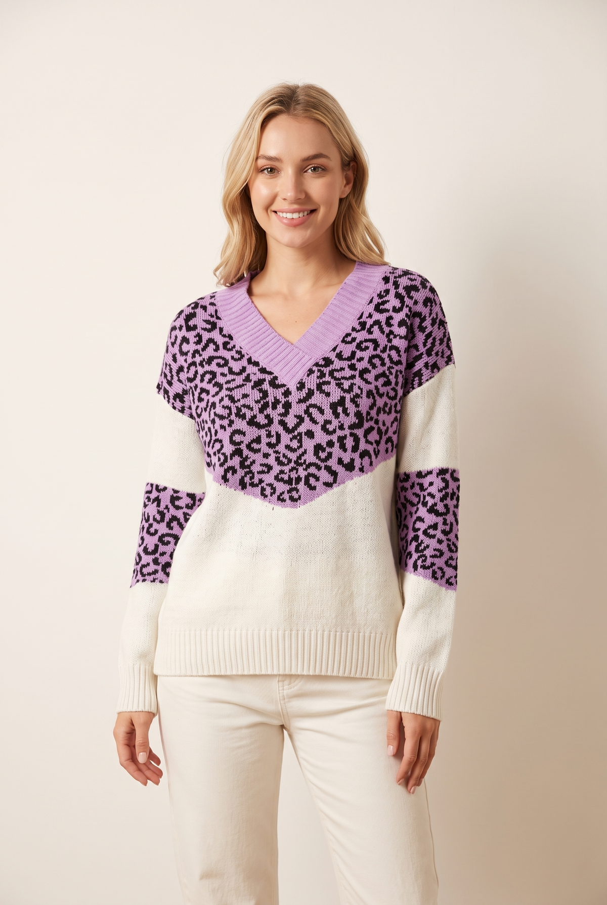 Sara Women's V-Neck Leopard Print Soft Knit Sweater in Purple, on model