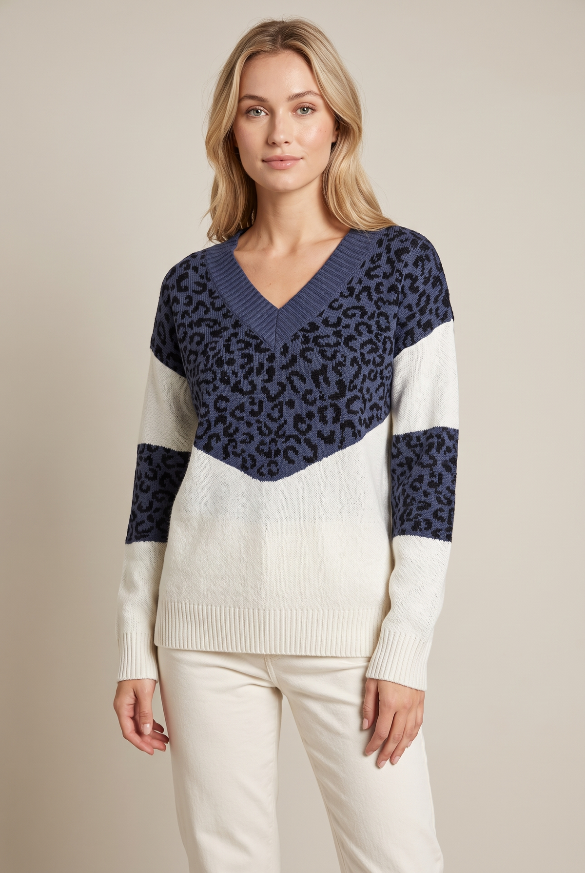 Sara Women's V-Neck Leopard Print Soft Knit Sweater in Dark Blue, on model