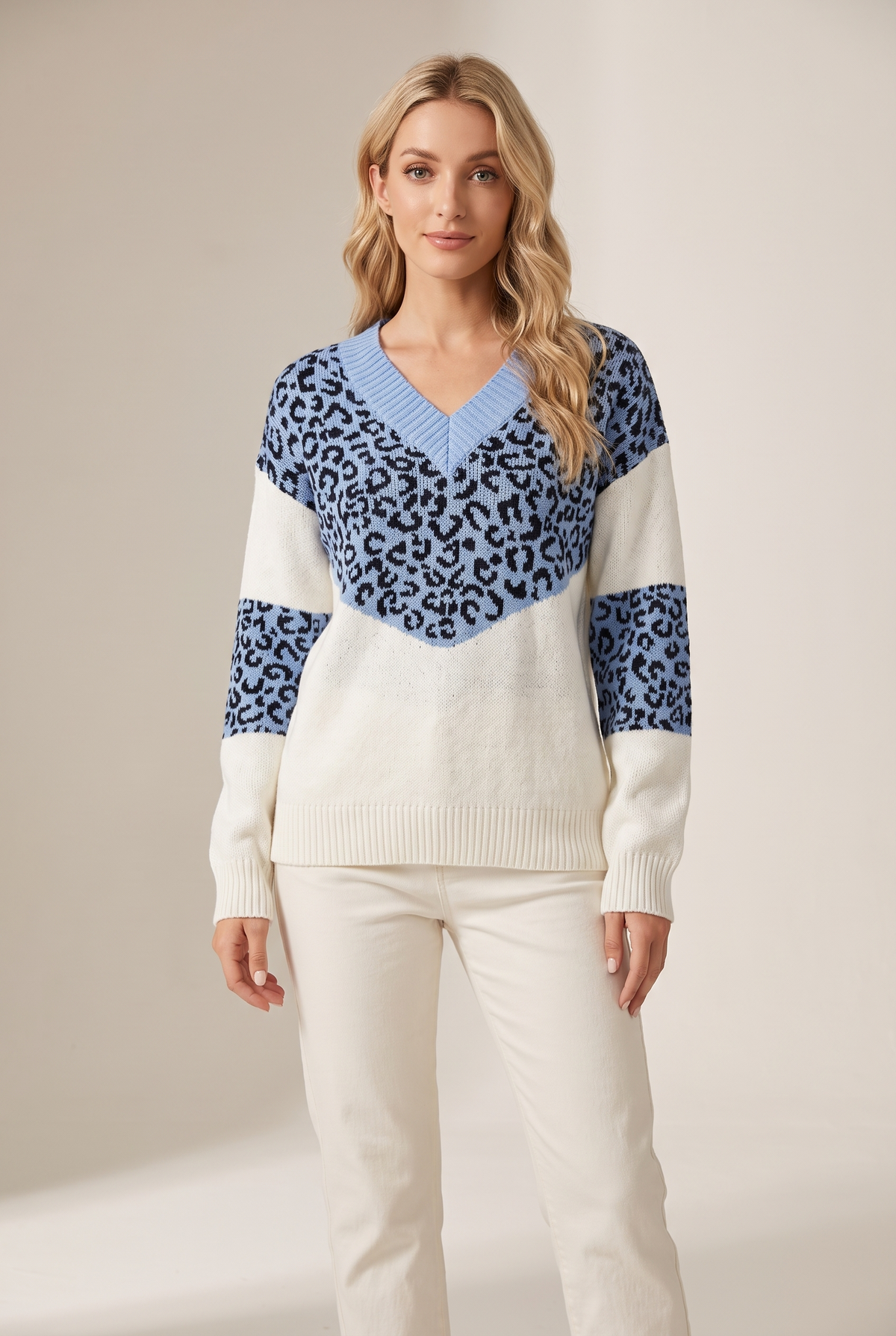Sara Women's V-Neck Leopard Print Soft Knit Sweater in Light Blue, on model
