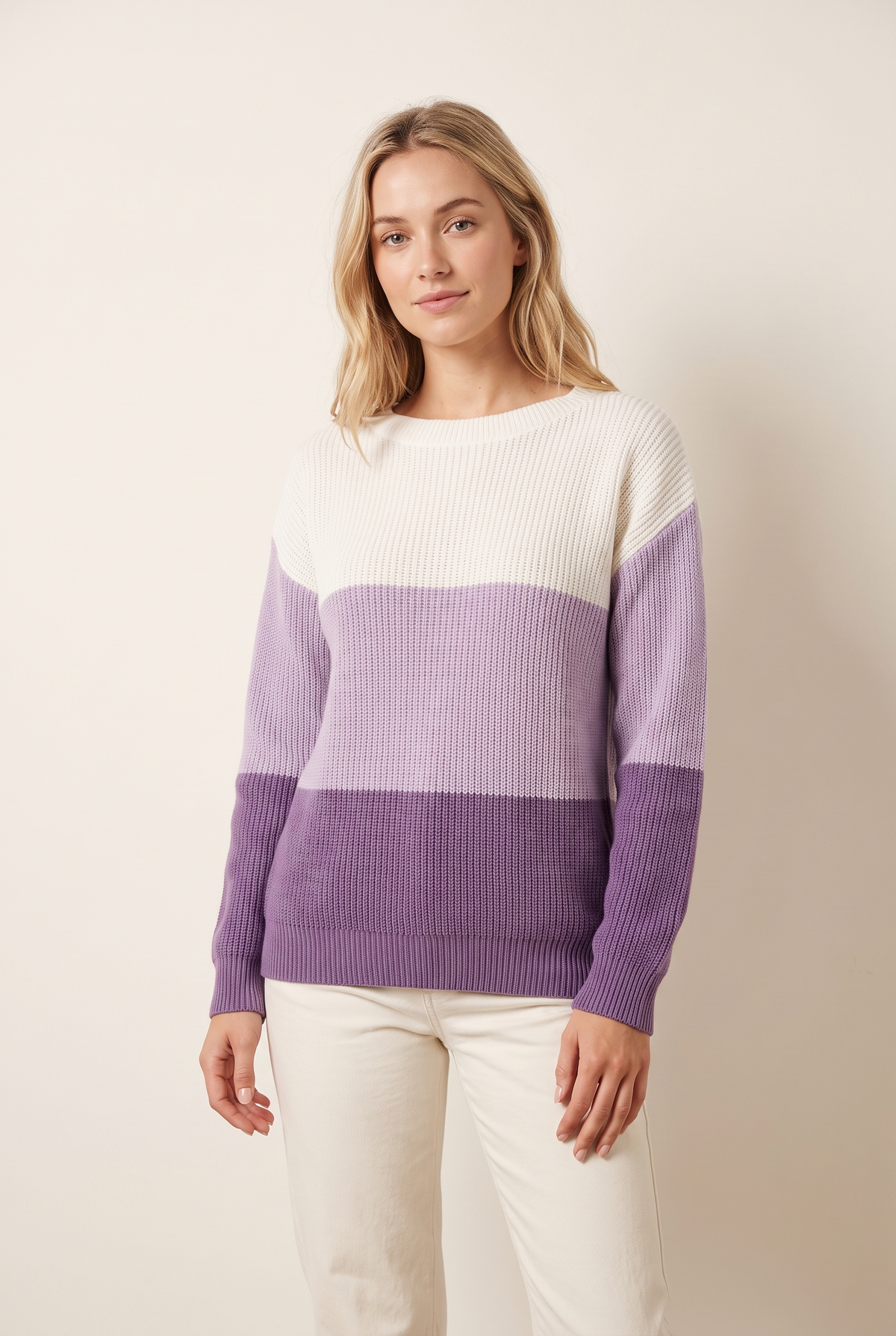 Karen Women's Cozy Knit with Soft Texture and Relaxed Fit Sweater in Purple, on model