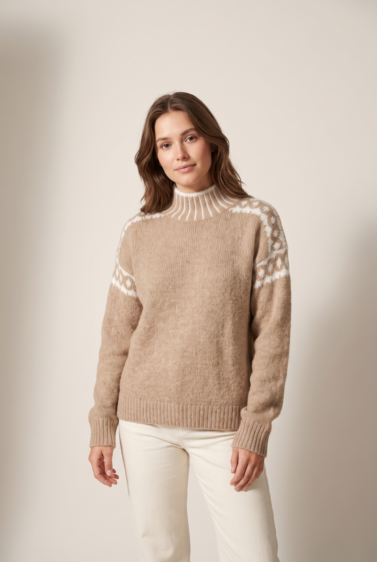 Megan Women's Classic with Relaxed Fit and Soft Texture Sweater in Beige, on model