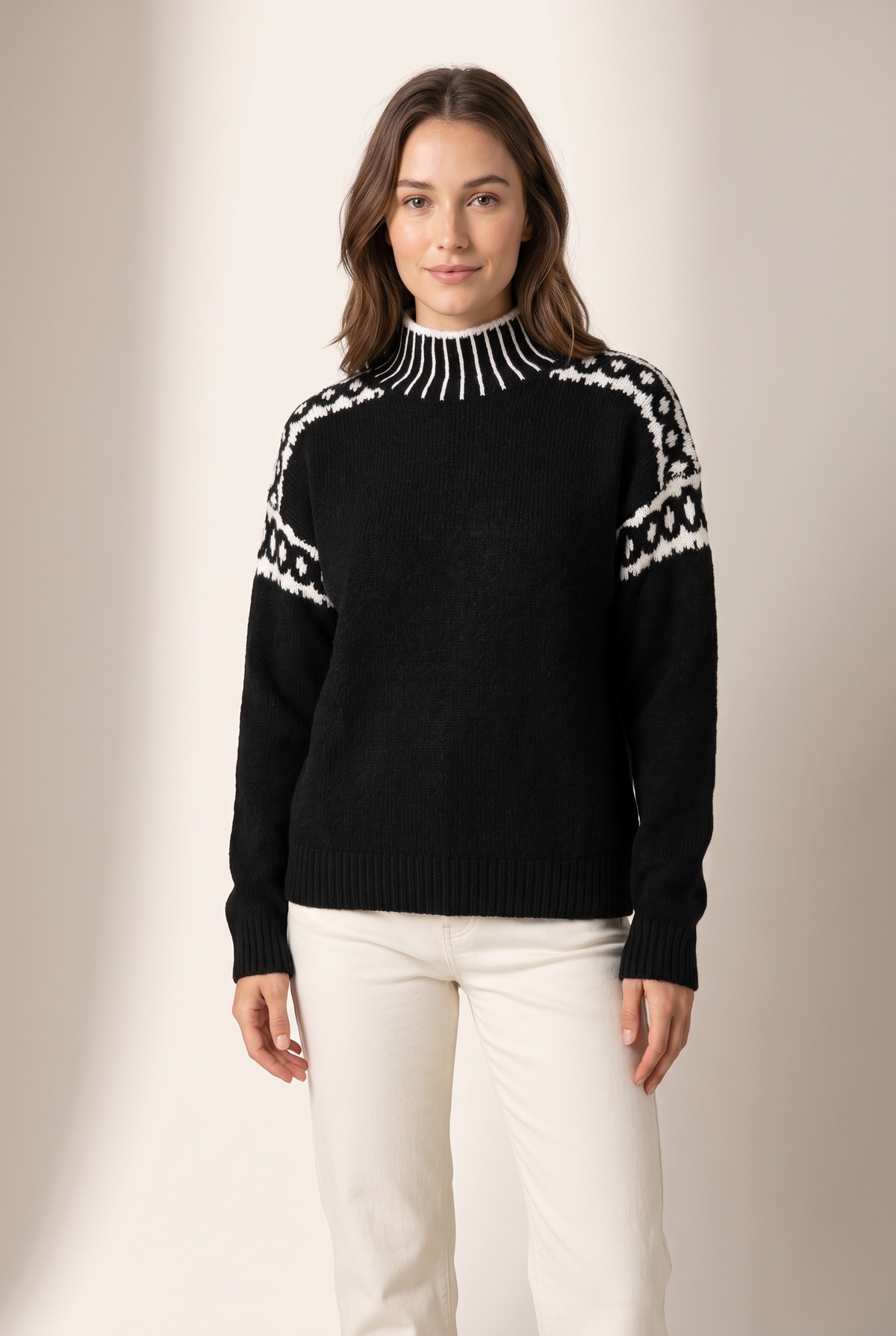 Megan Women's Classic with Relaxed Fit and Soft Texture Sweater in Black, on model