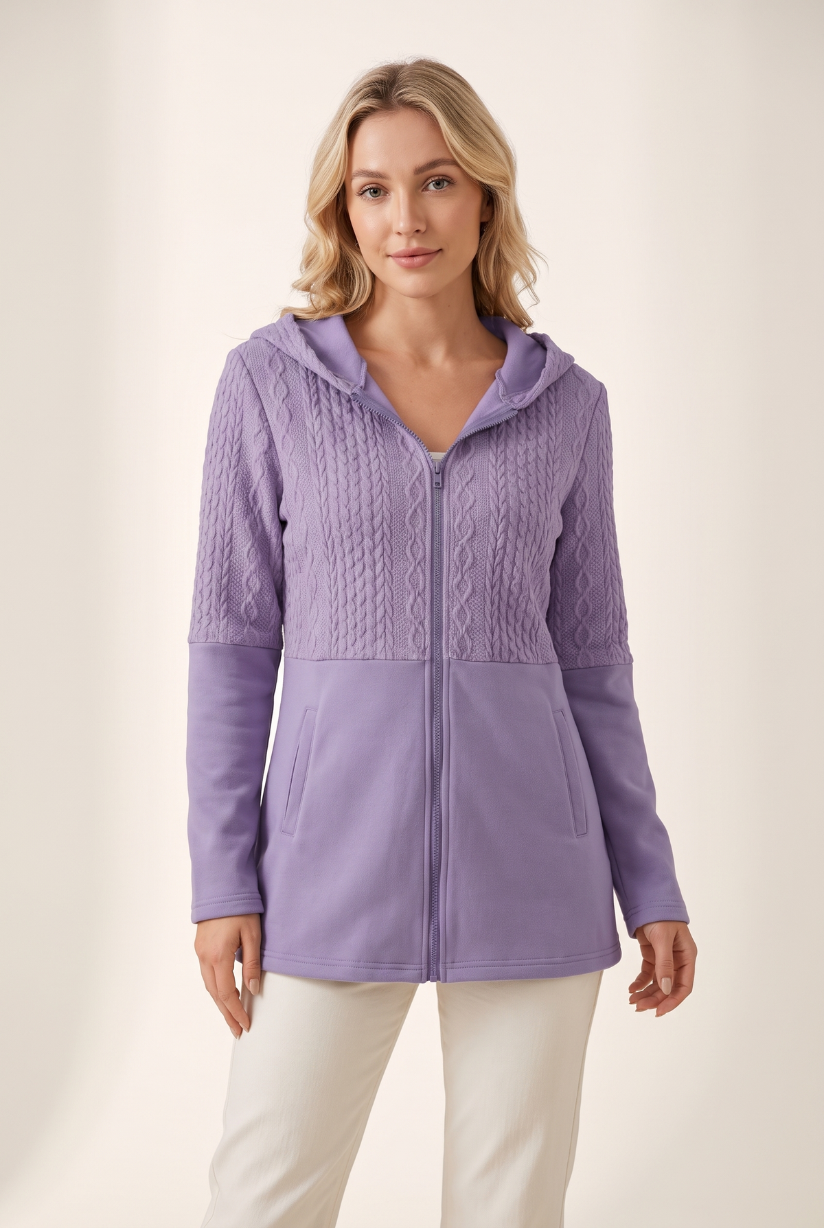 Rachel Women's Zip-Up Hoodie with Front Pockets and Adjustable Hood in Purple, on model