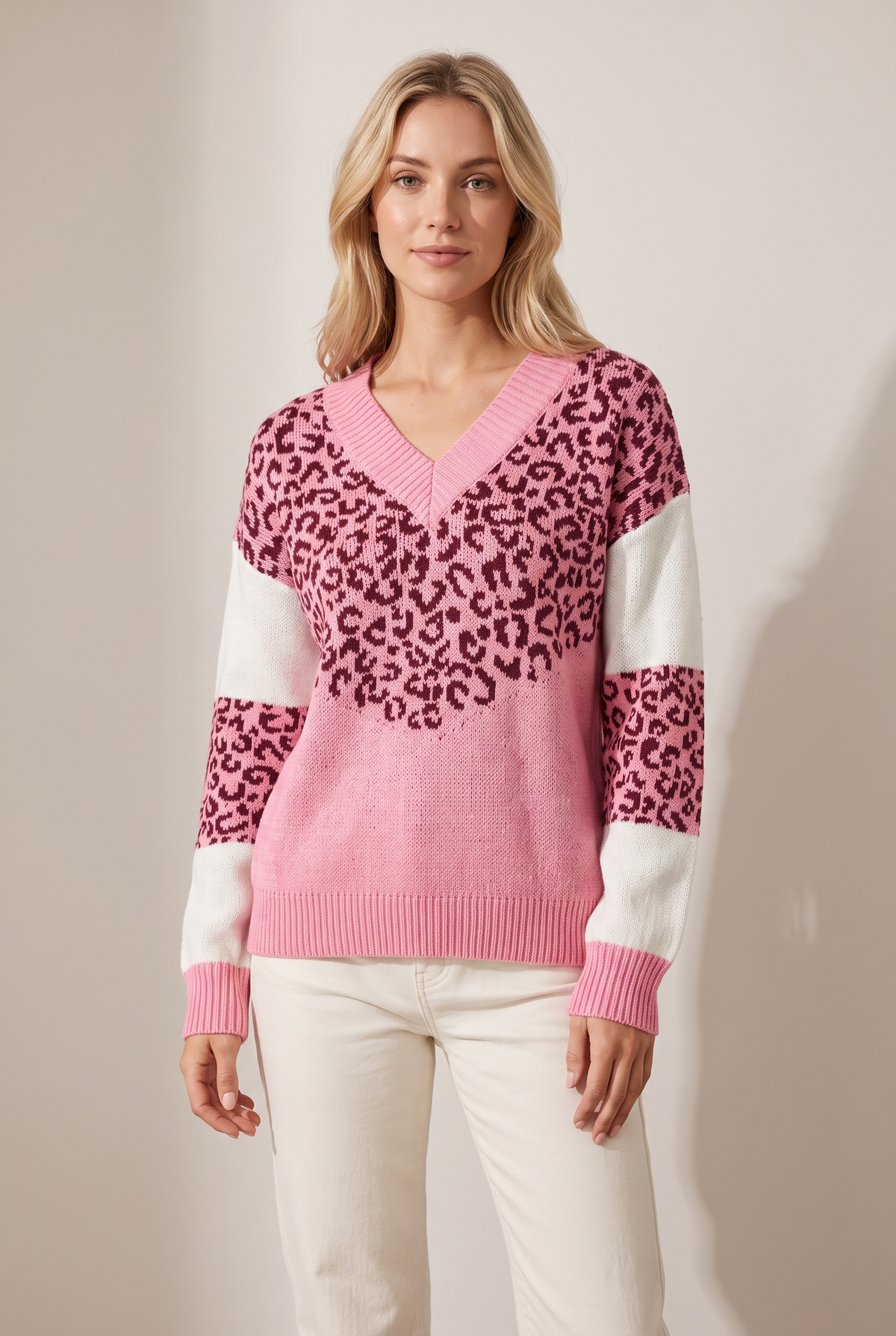 Sara Women's V-Neck Leopard Print Soft Knit Sweater in Pink, on model