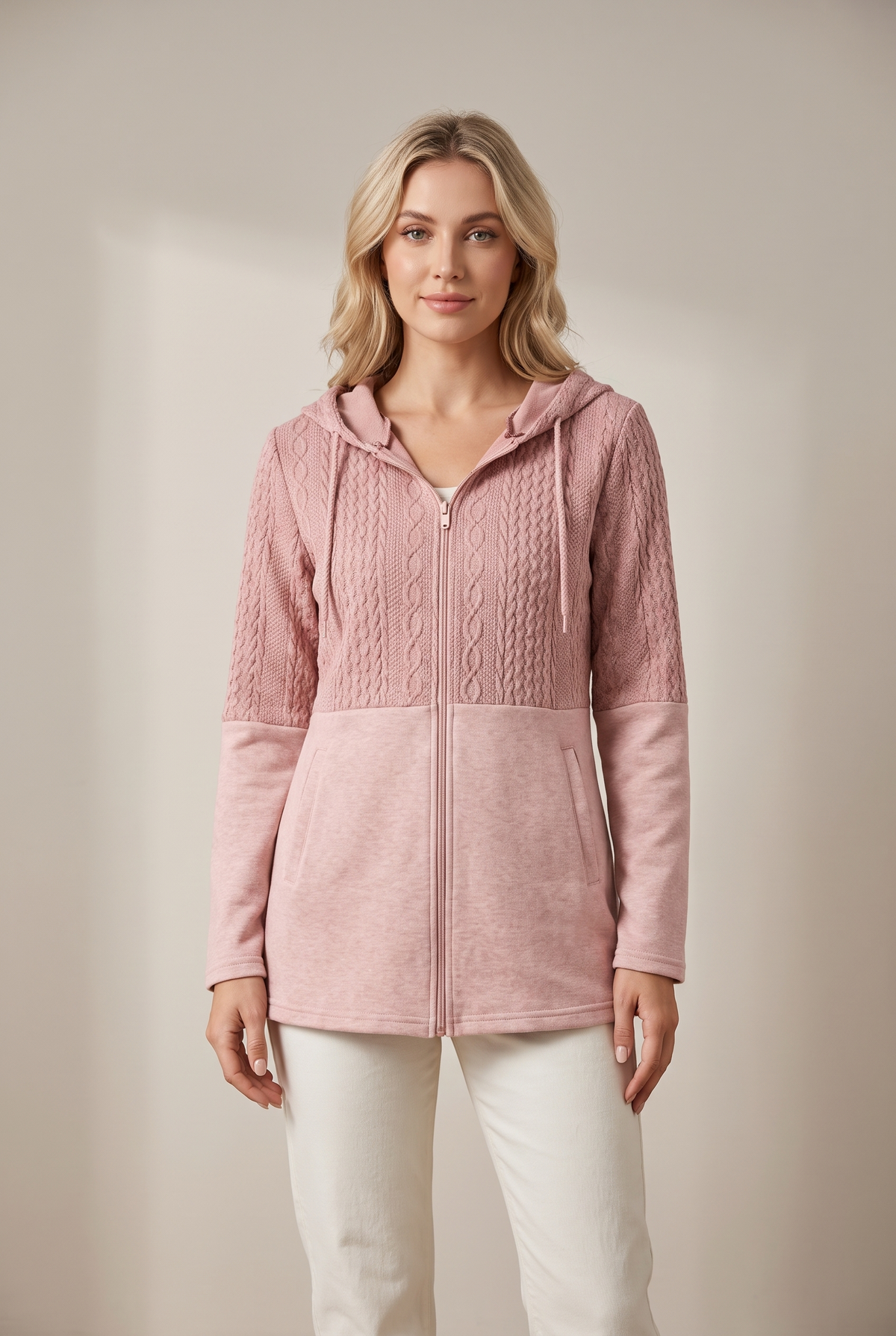 Rachel Women's Zip-Up Hoodie with Front Pockets and Adjustable Hood in Pink, on model