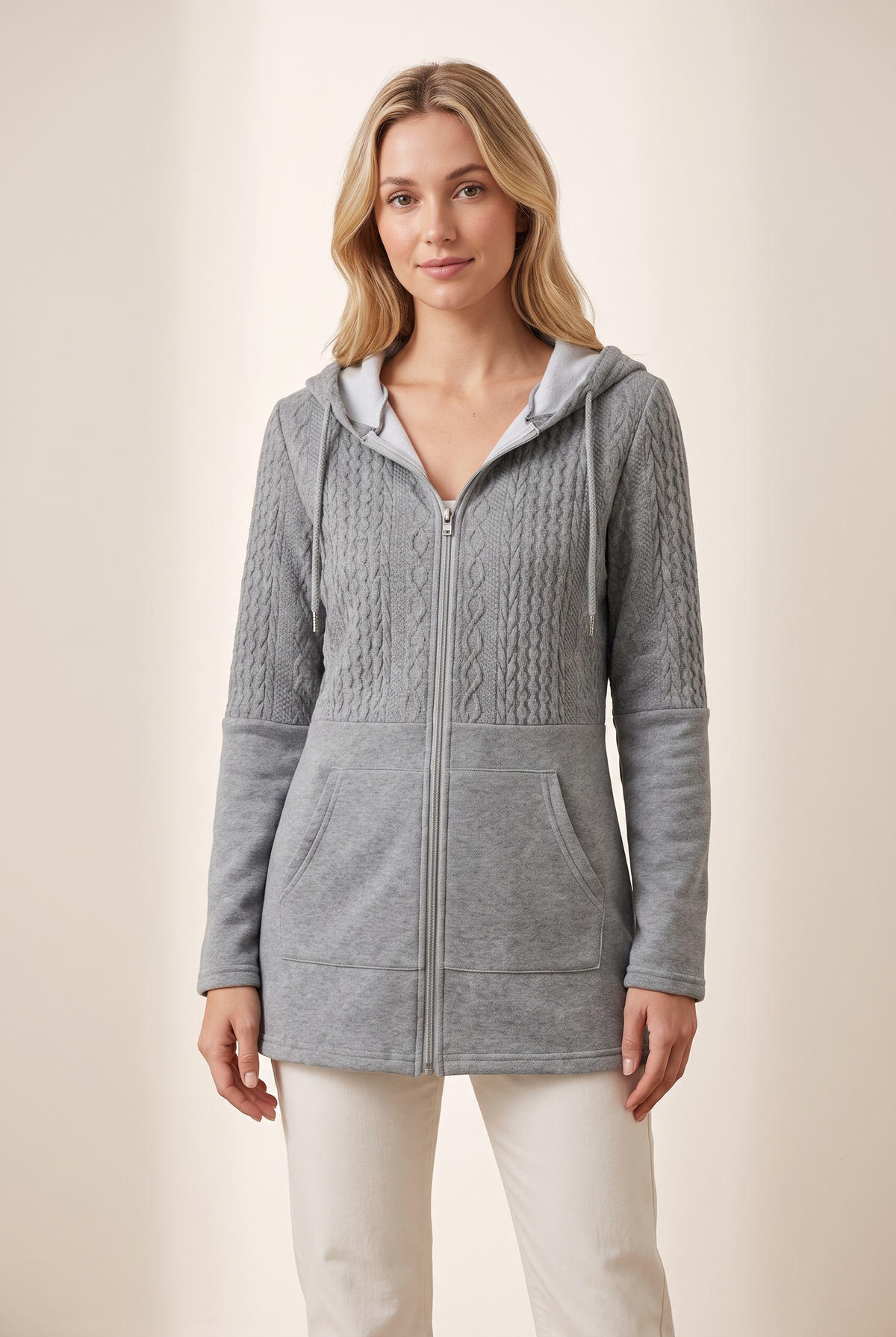 Rachel Women's Zip-Up Hoodie with Front Pockets and Adjustable Hood in Gray, on model