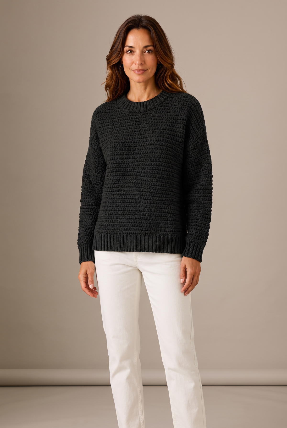 Jenny Women's Ribbed Knit Side-Slit Sweater in Black, on model