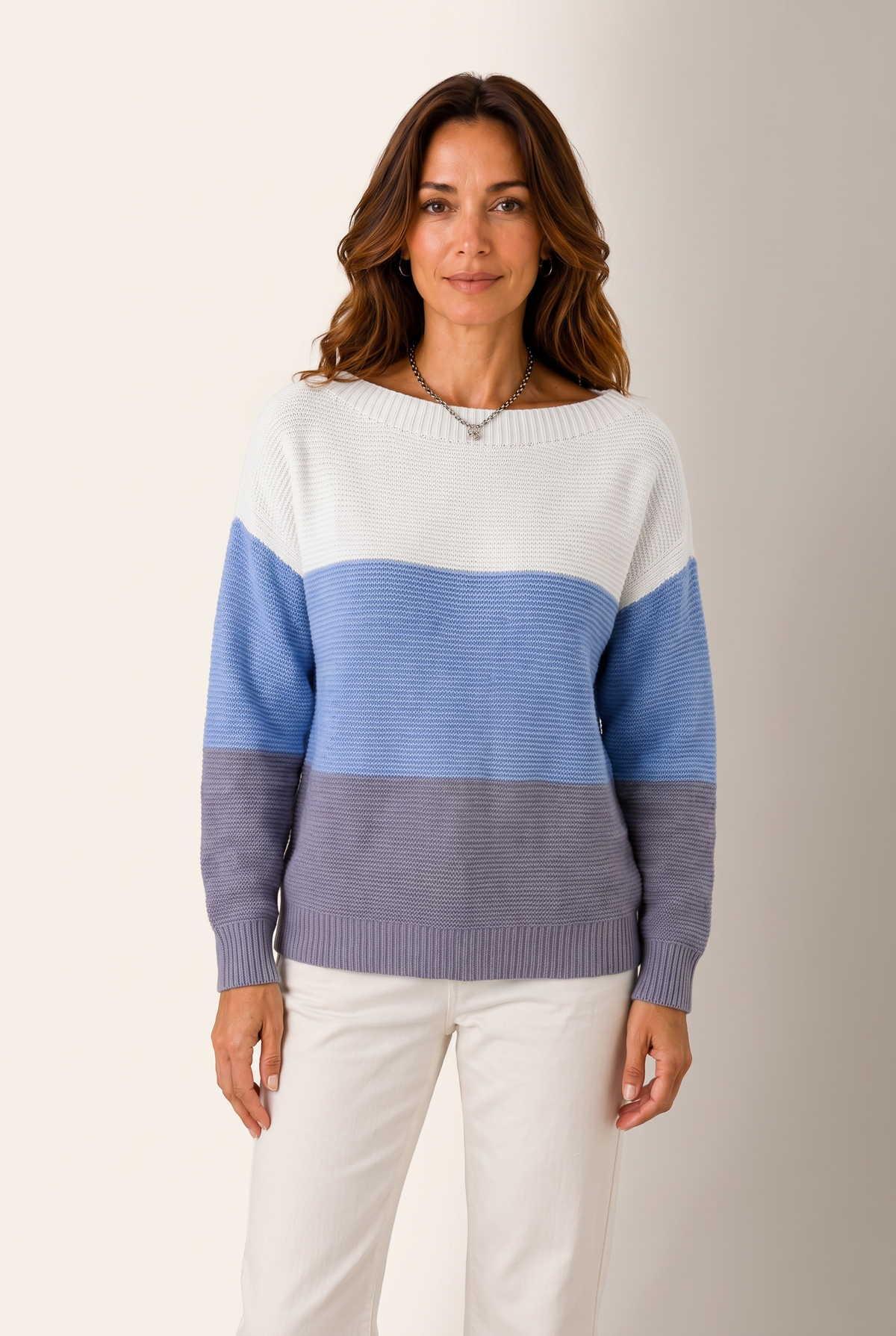 Linda Women's Color Block Knit Winter Sweater in Blue, on model