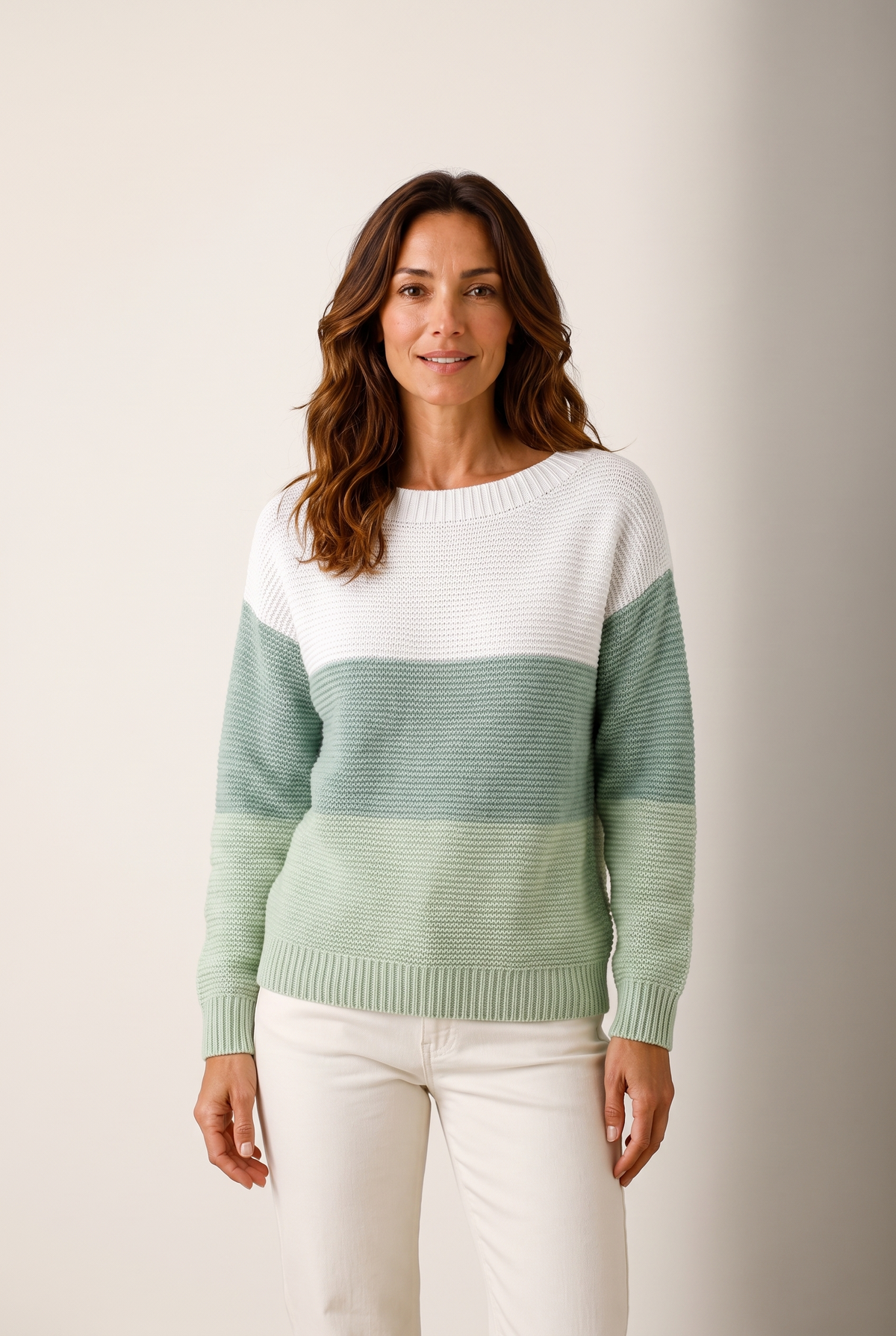 Linda Women's Color Block Knit Winter Sweater in Green, on model