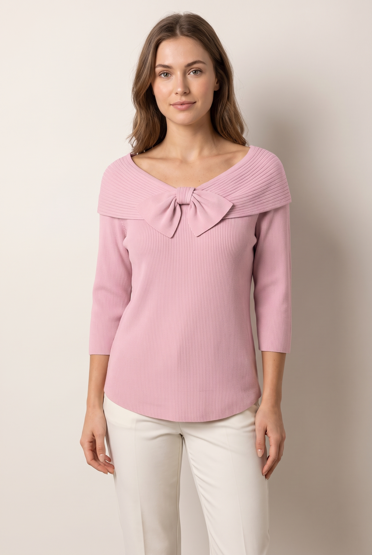 Charlotte Women's Winter Knit Round Neckline Sweater in Pink, on model