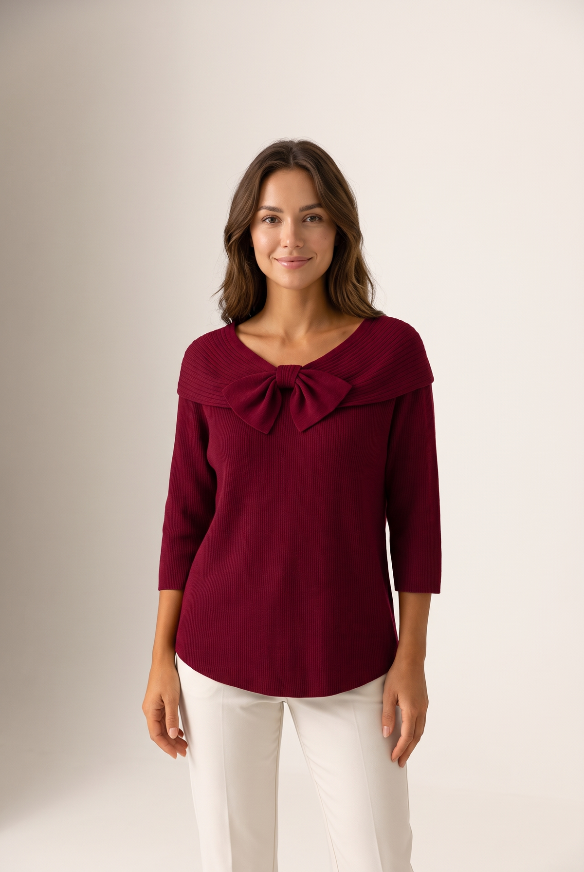 Charlotte Women's Winter Knit Round Neckline Sweater in Red, on model