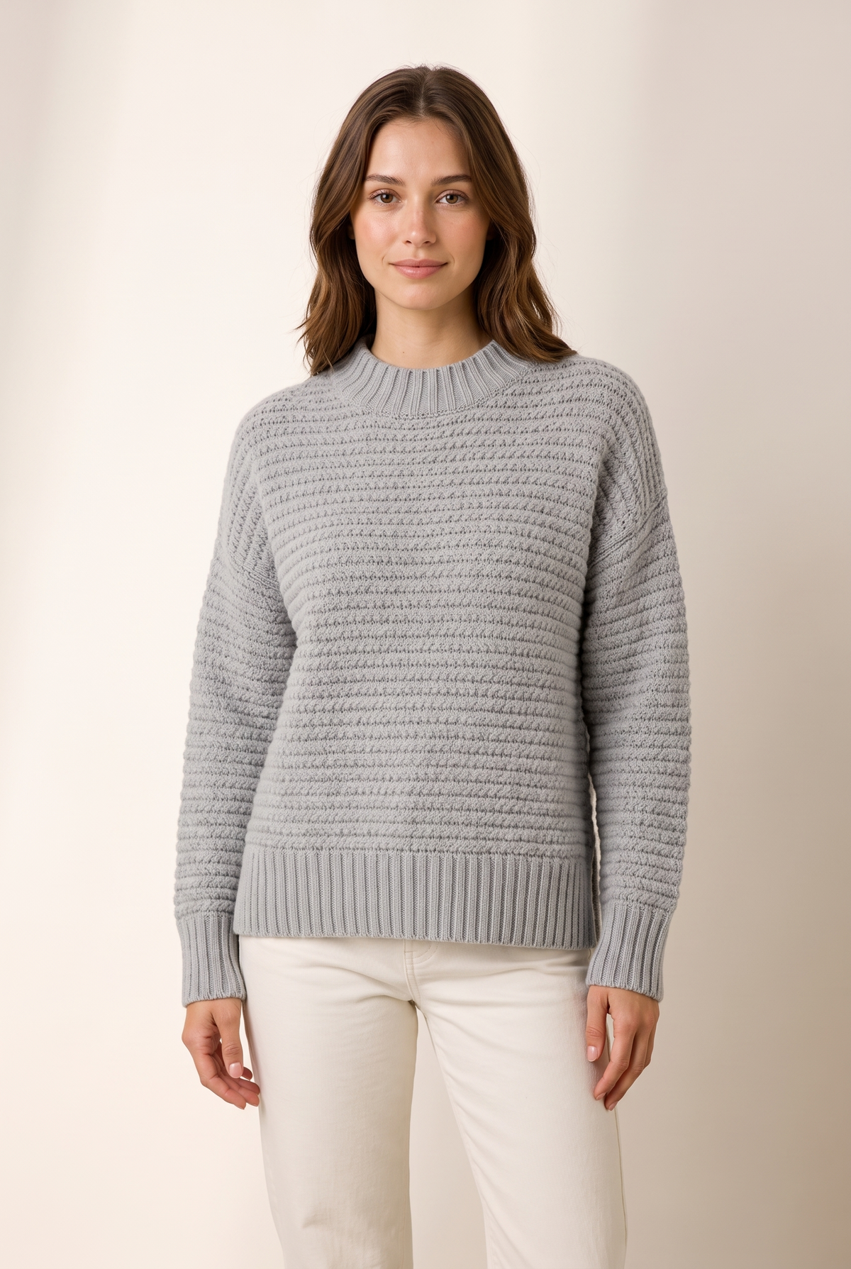 Jenny Women's Ribbed Knit Side-Slit Sweater in Gray, on model