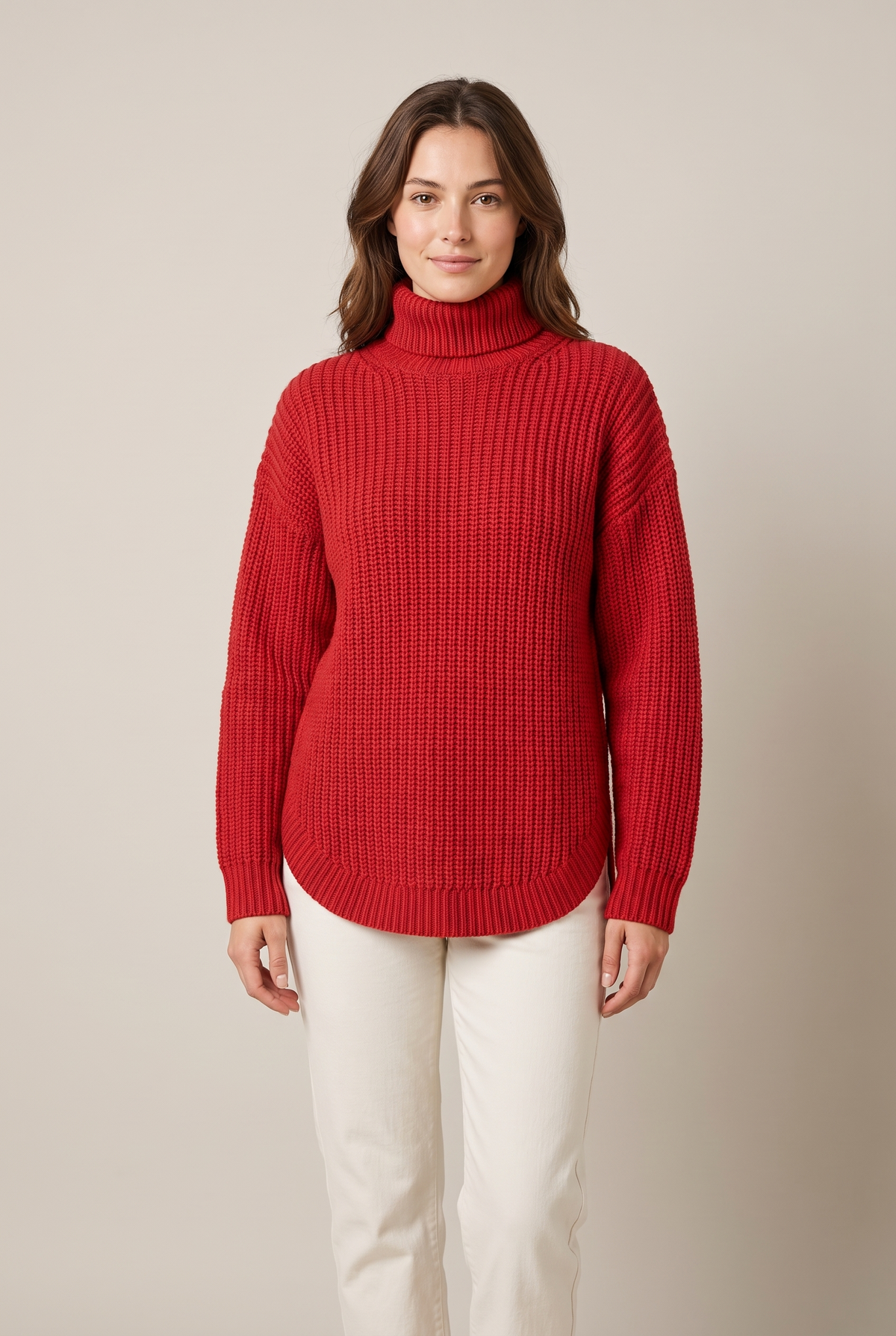 Jenny Women's Ribbed Knit Side-Slit Sweater in Red, on model