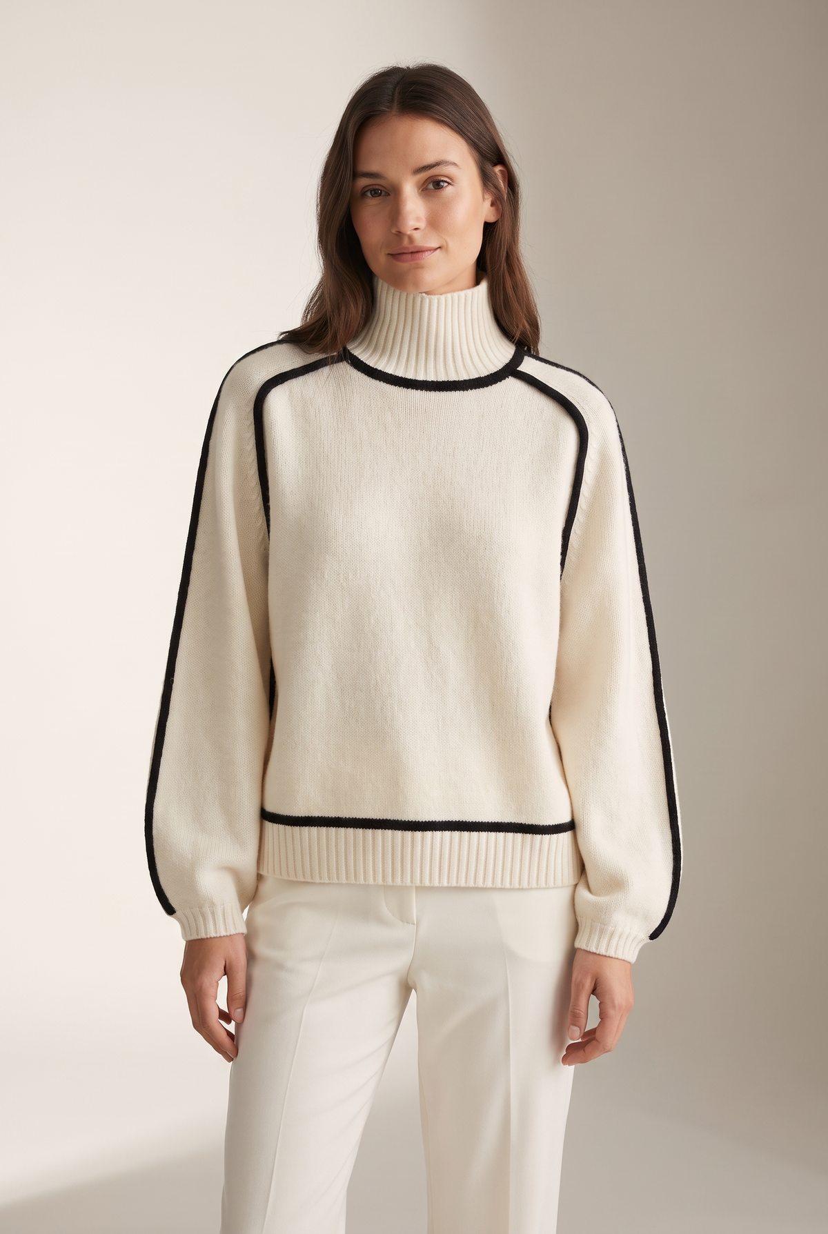 Tina Women's Relaxed-Fit Lantern-Sleeve Knit Turtleneck Sweater in Off White, on model