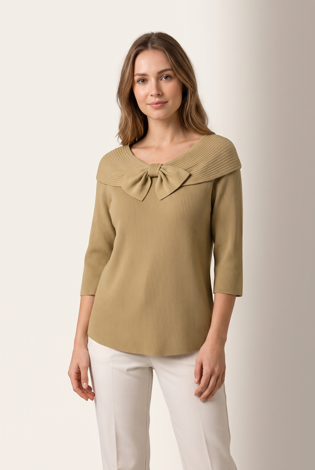 Charlotte Women's Winter Knit Round Neckline Sweater in Khaki, on model