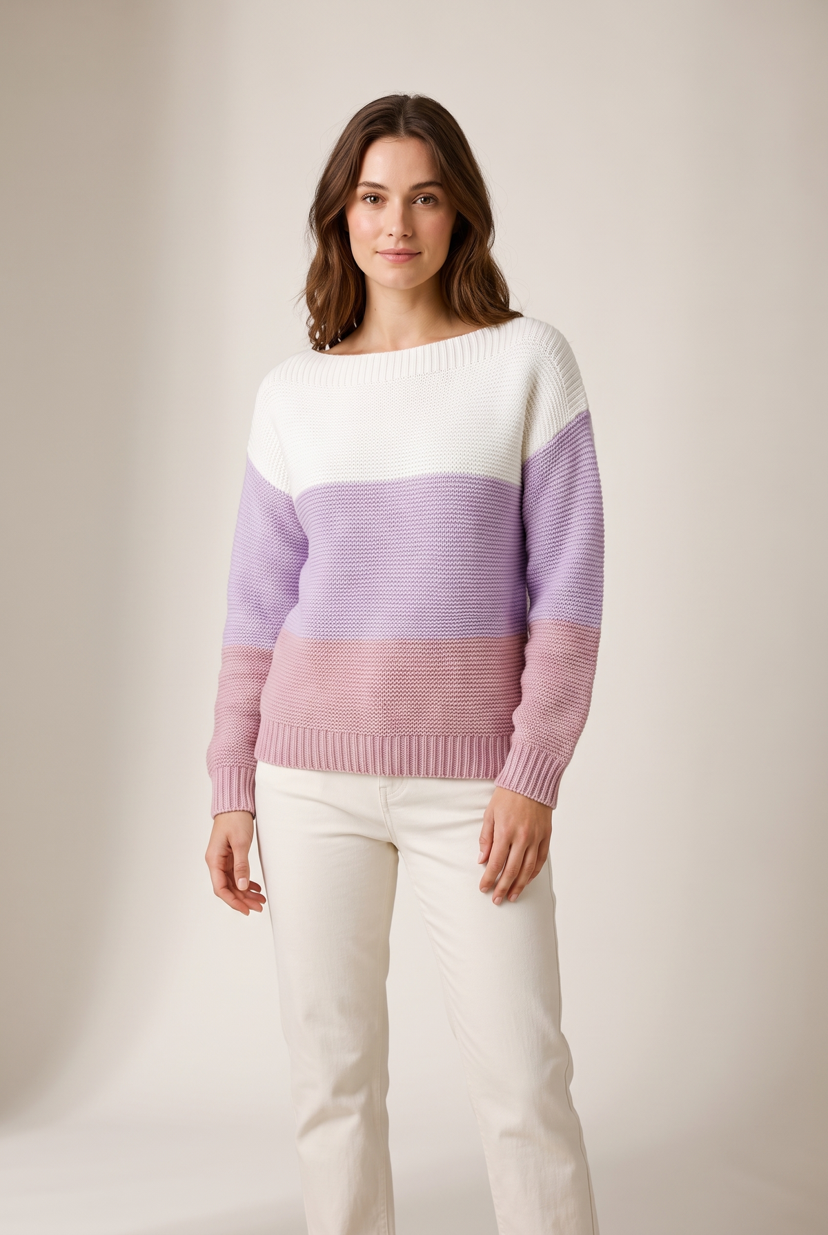 Linda Women's Color Block Knit Winter Sweater in Purple, on model