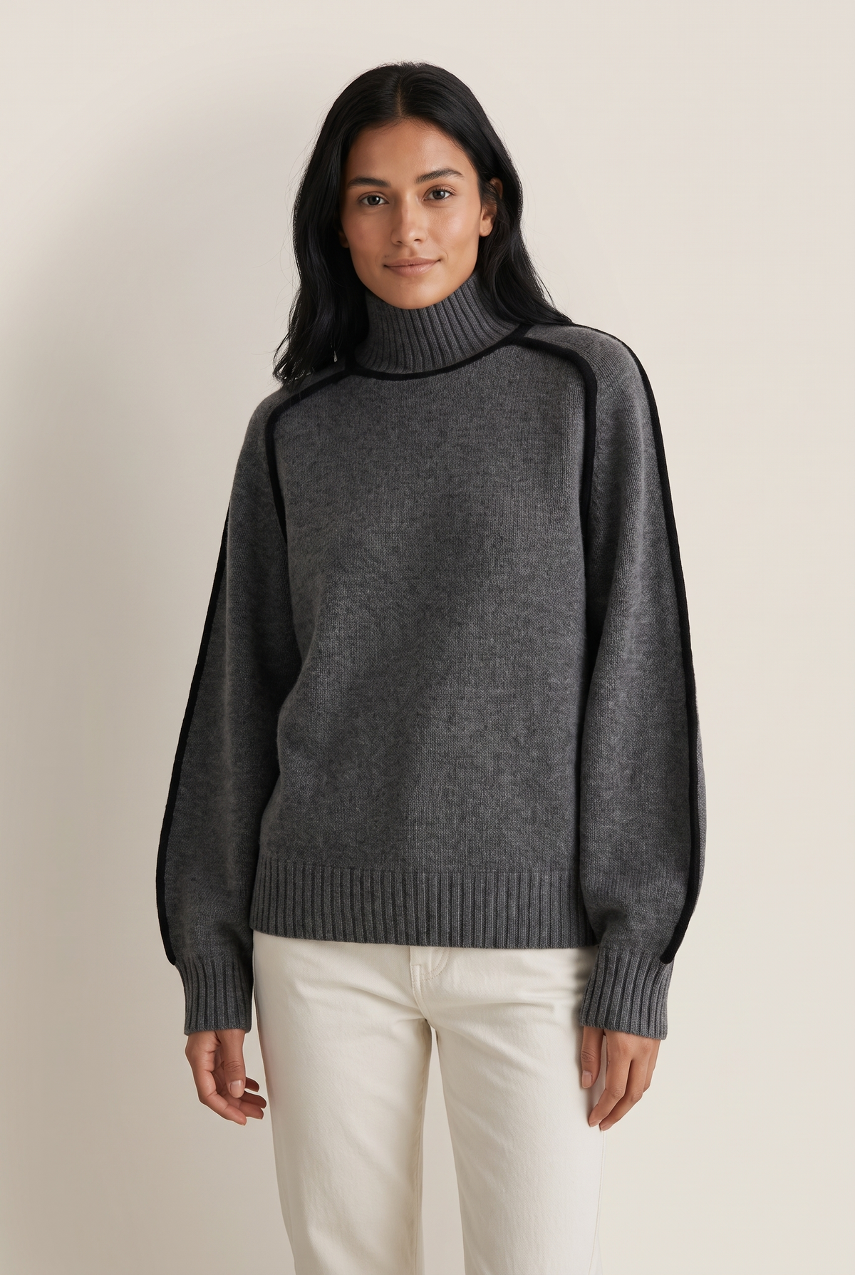 Tina Women's Relaxed-Fit Lantern-Sleeve Knit Turtleneck Sweater in Gray, on model