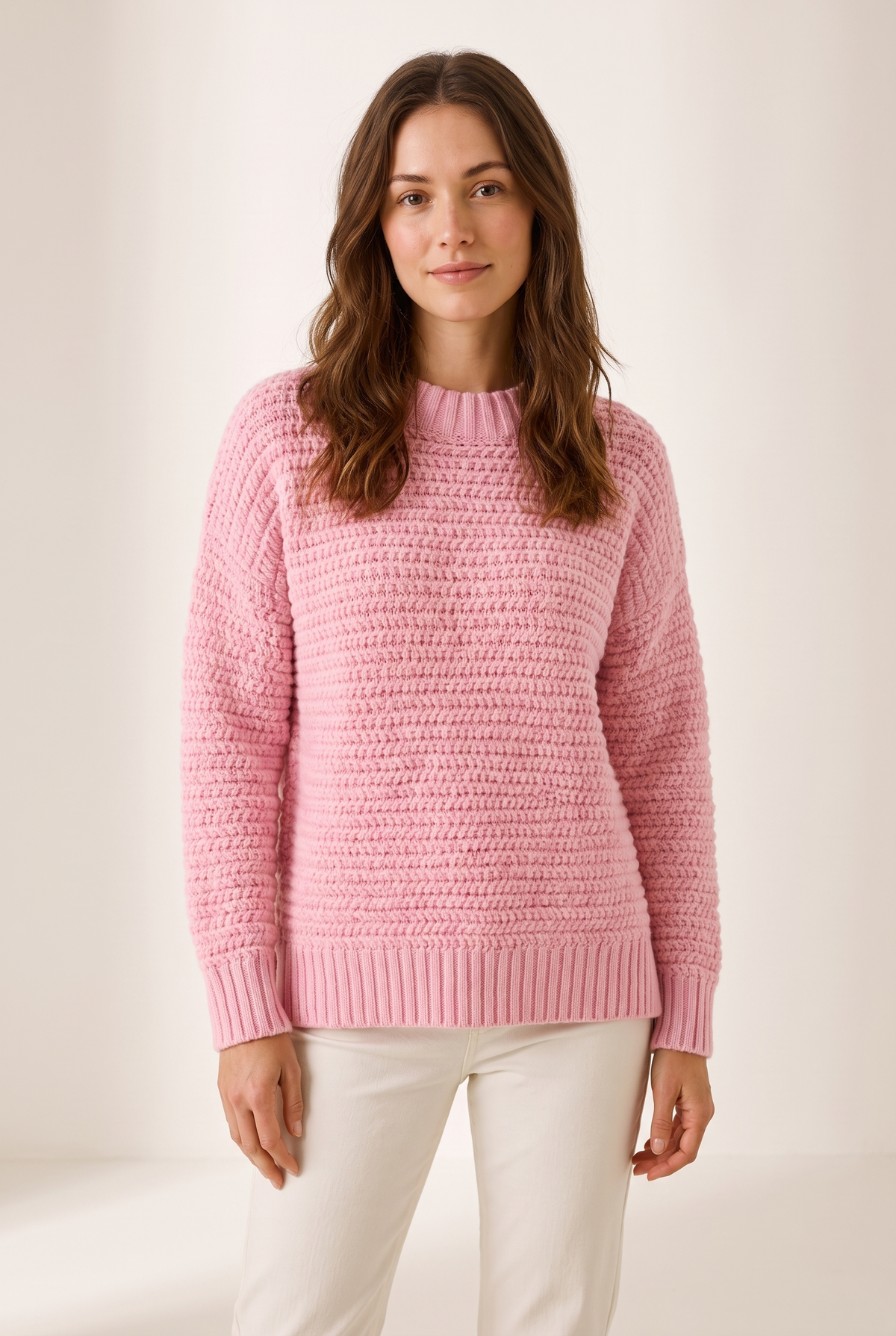 Jenny Women's Ribbed Knit Side-Slit Sweater in Pink, on model