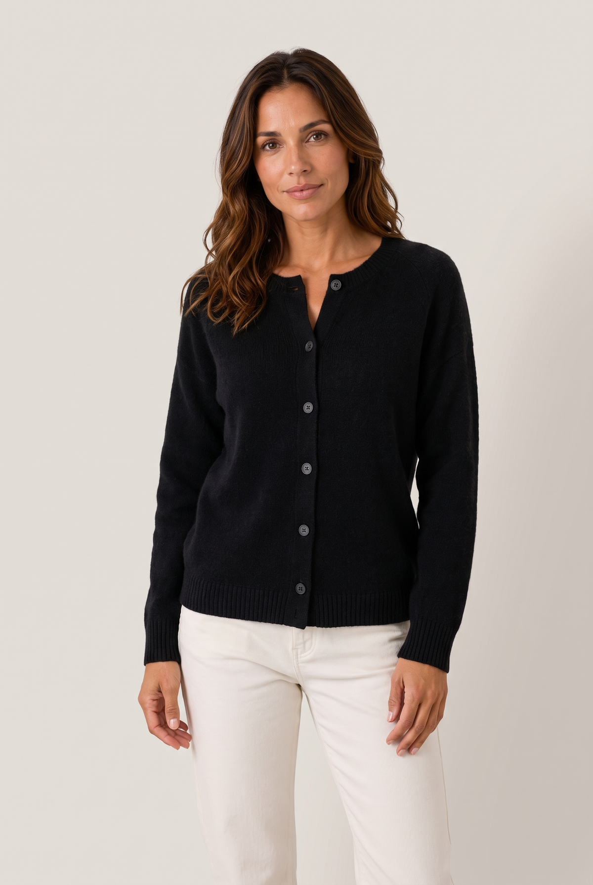 Elise Women's Soft Button-Up Sweater in Black, on model