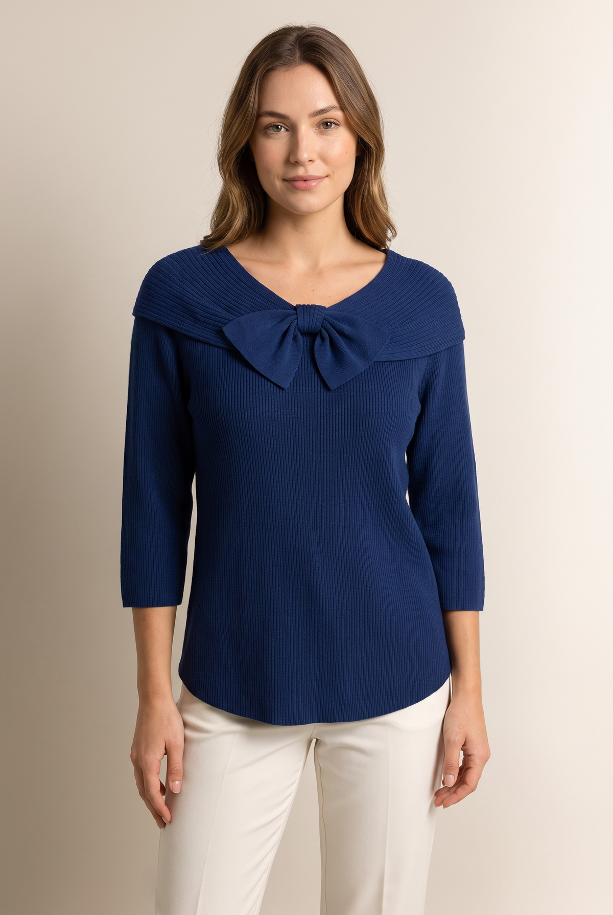 Charlotte Women's Winter Knit Round Neckline Sweater in Dark Blue, on model