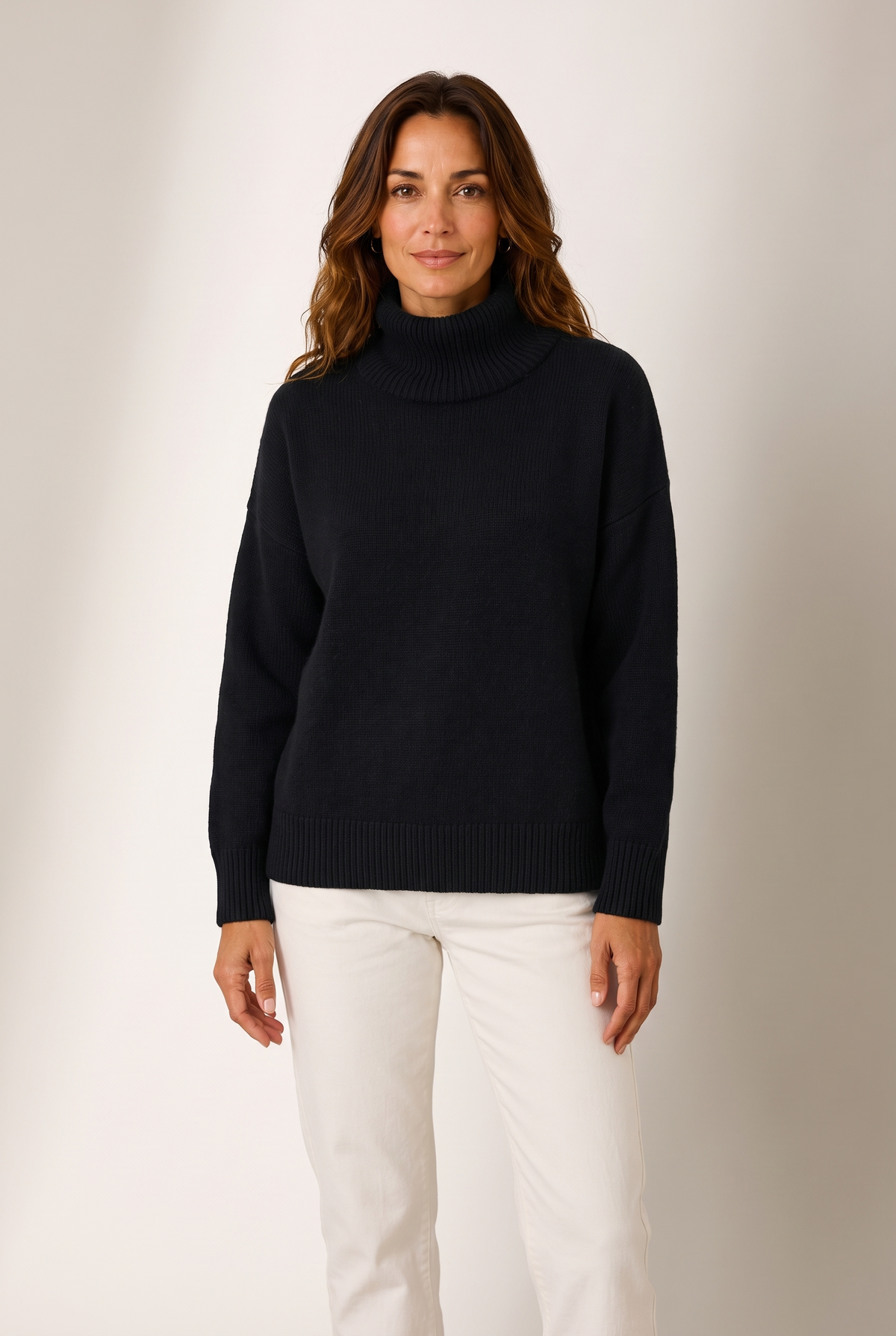 Clara Women's Soft High-Neck Knit Winter Sweater in Black, on model