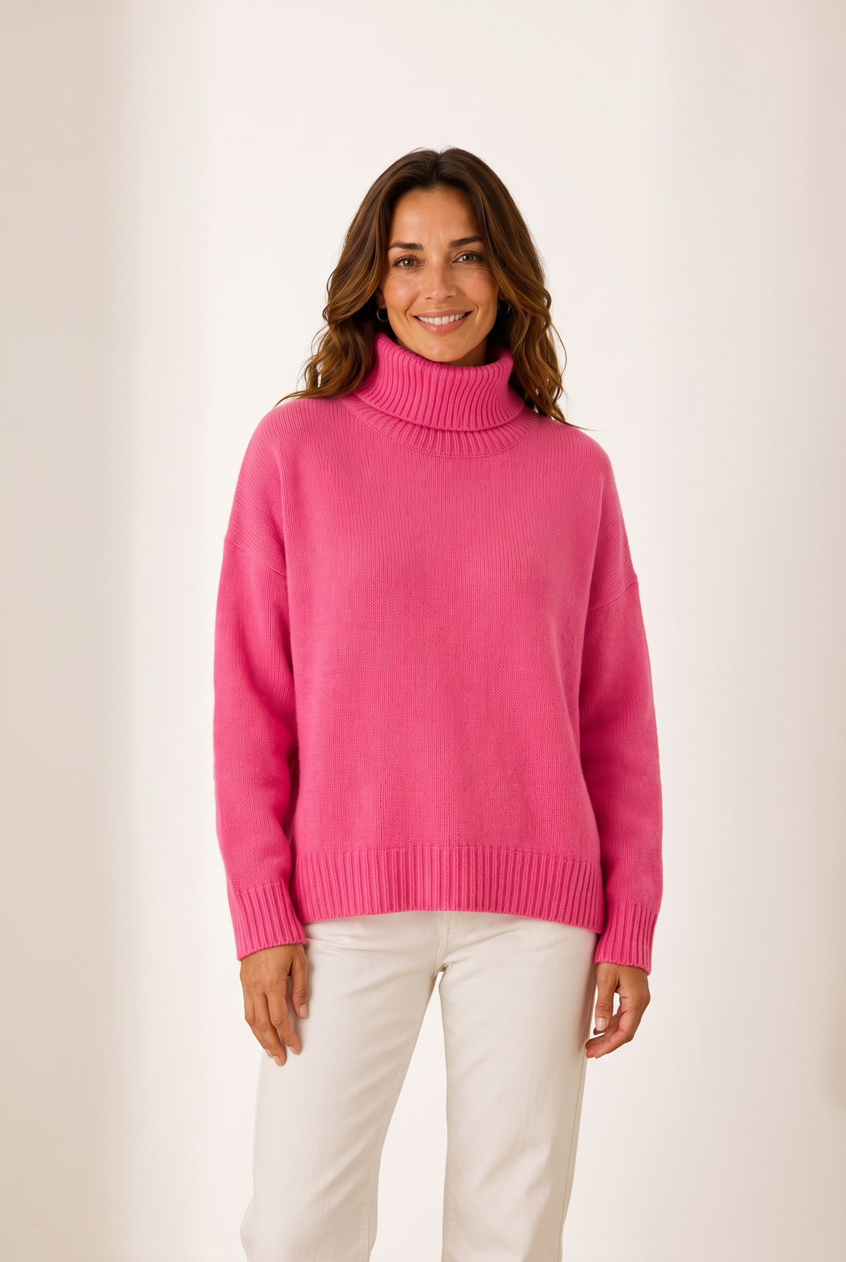 Clara Women's Soft High-Neck Knit Winter Sweater in Pink, on model