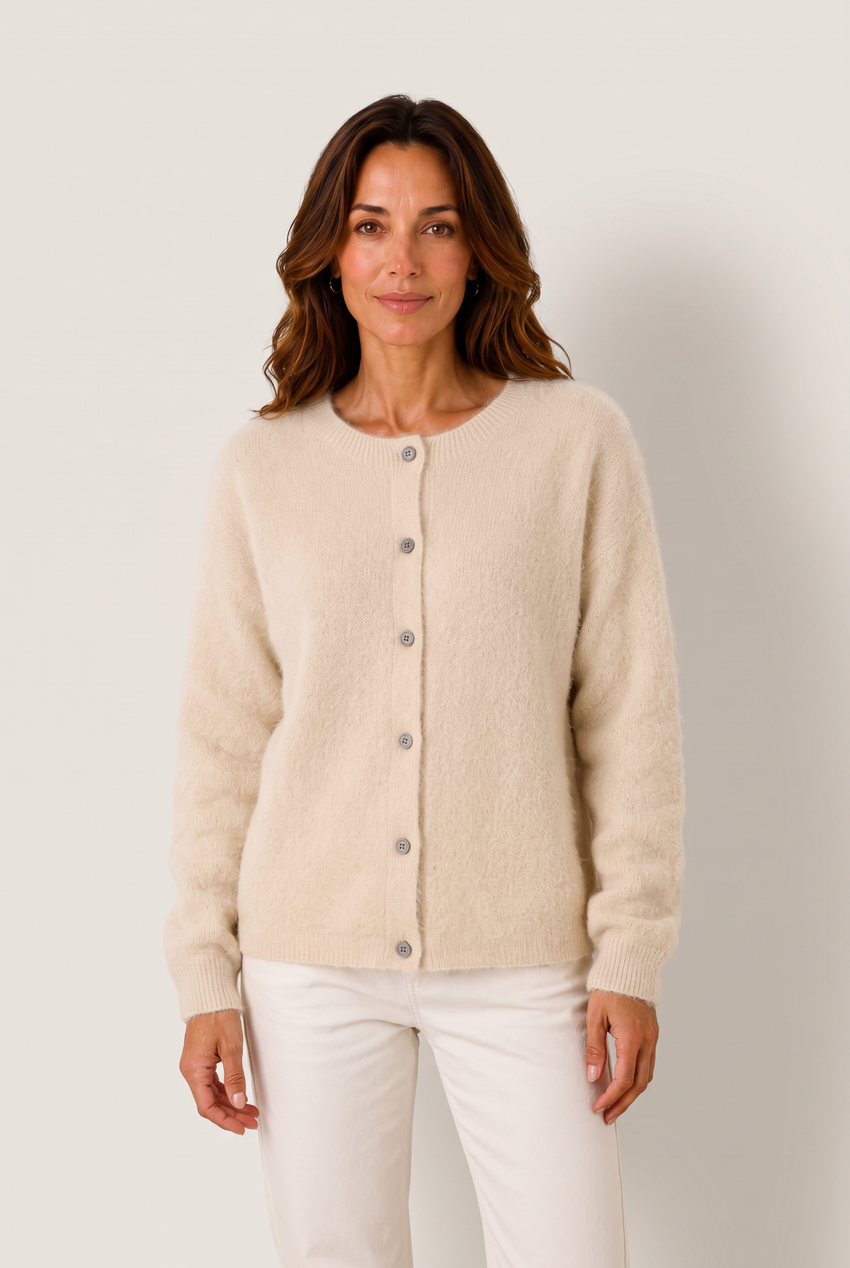 Elise Women's Soft Button-Up Sweater in Beige, on model