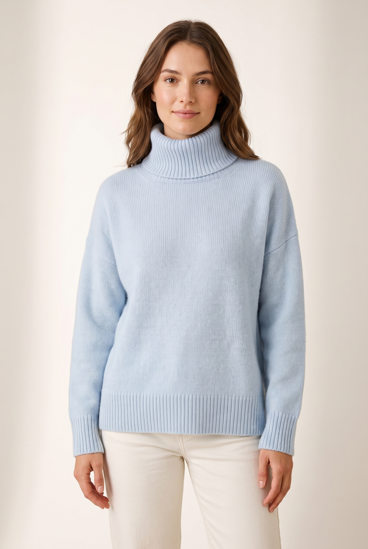 Clara Women's Soft High-Neck Knit Winter Sweater in Blue, on model