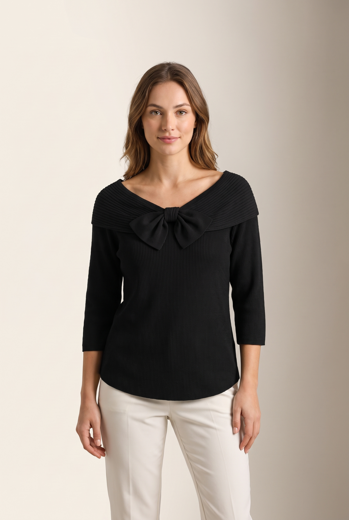 Charlotte Women's Winter Knit Round Neckline Sweater in Black, on model