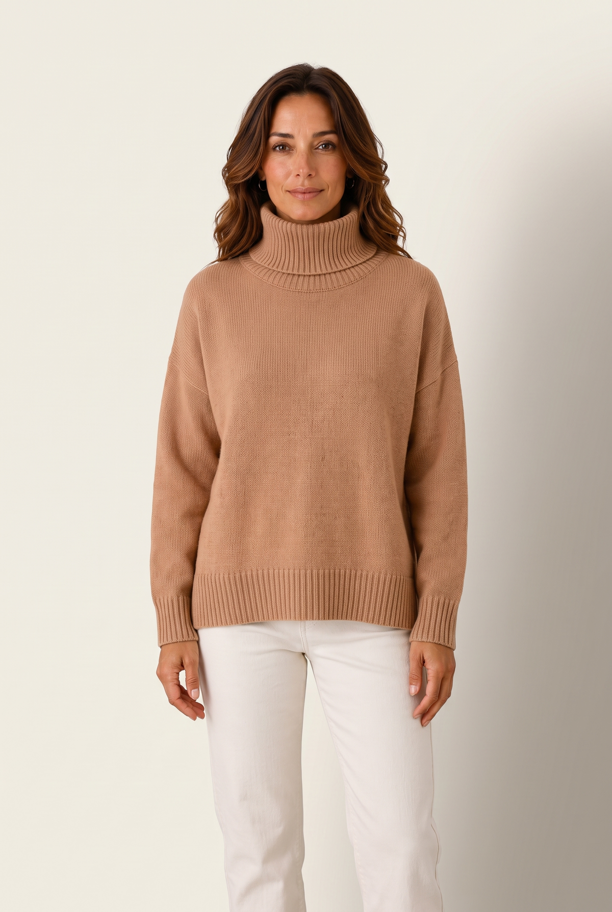Clara Women's Soft High-Neck Knit Winter Sweater in Brown, on model
