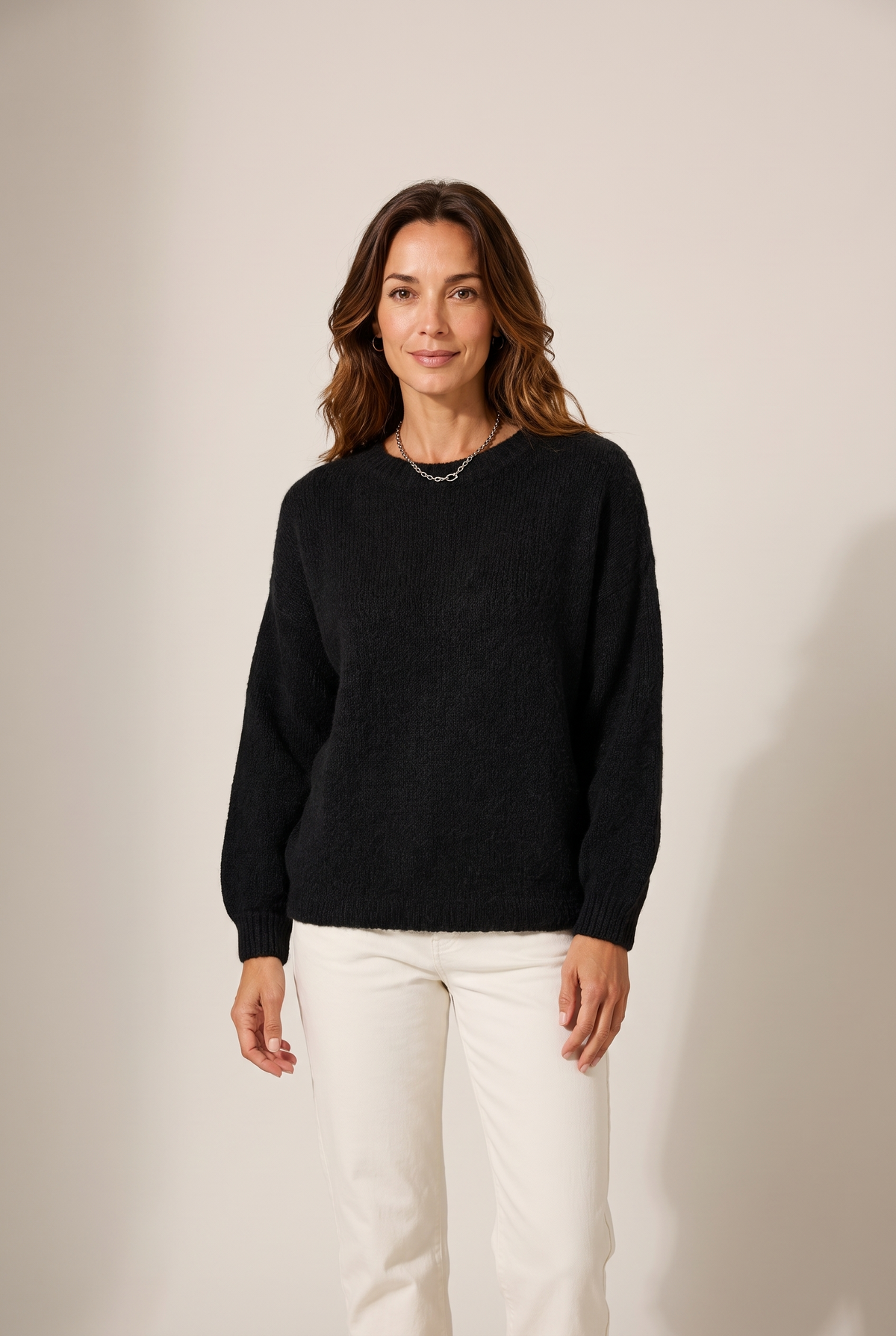 Lorie Women's Soft Relaxed-Fit Knit Sweater in Black, on model