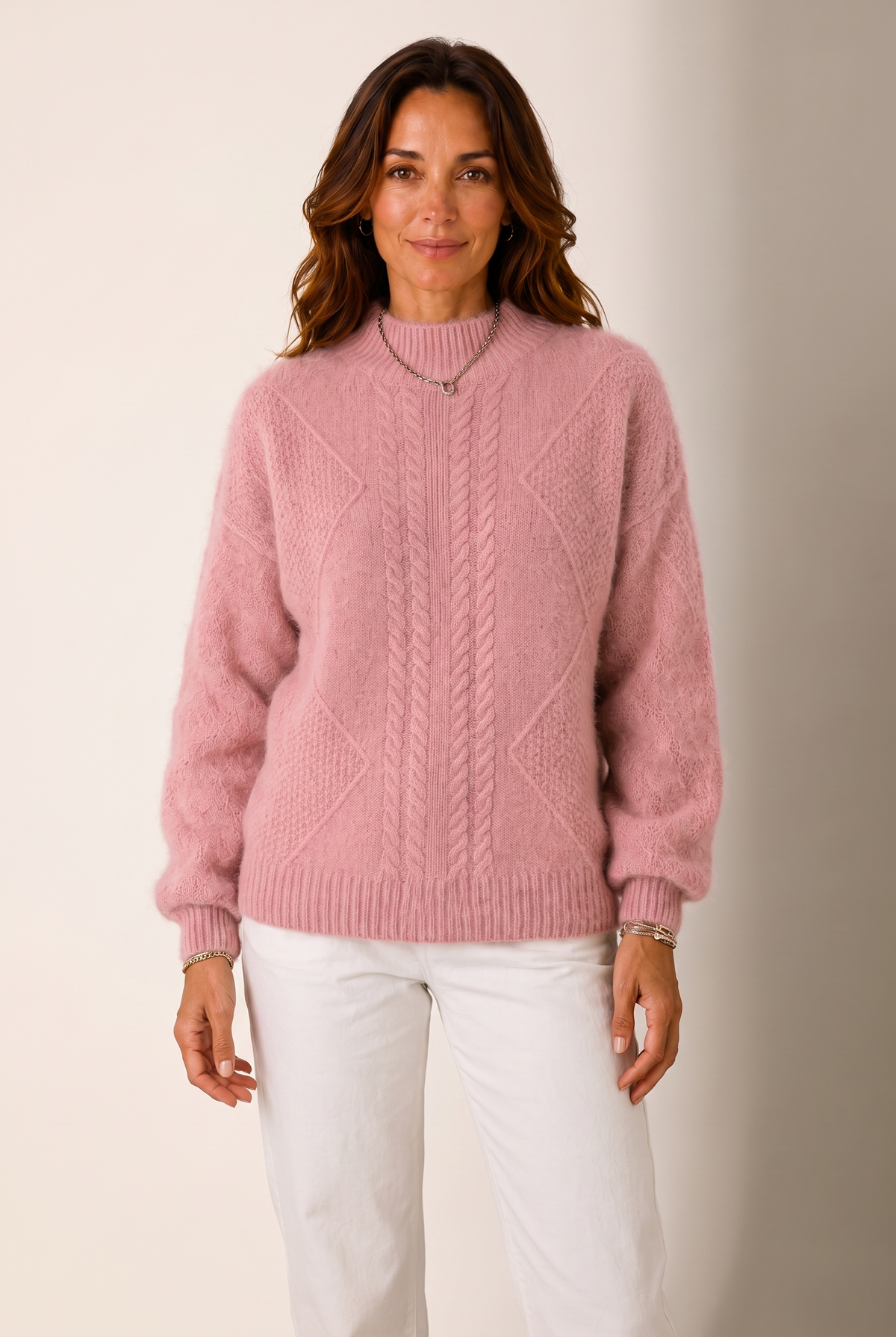 Elise Women's Mock-Neck Cable-Knit Winter Sweater in Pink, on model