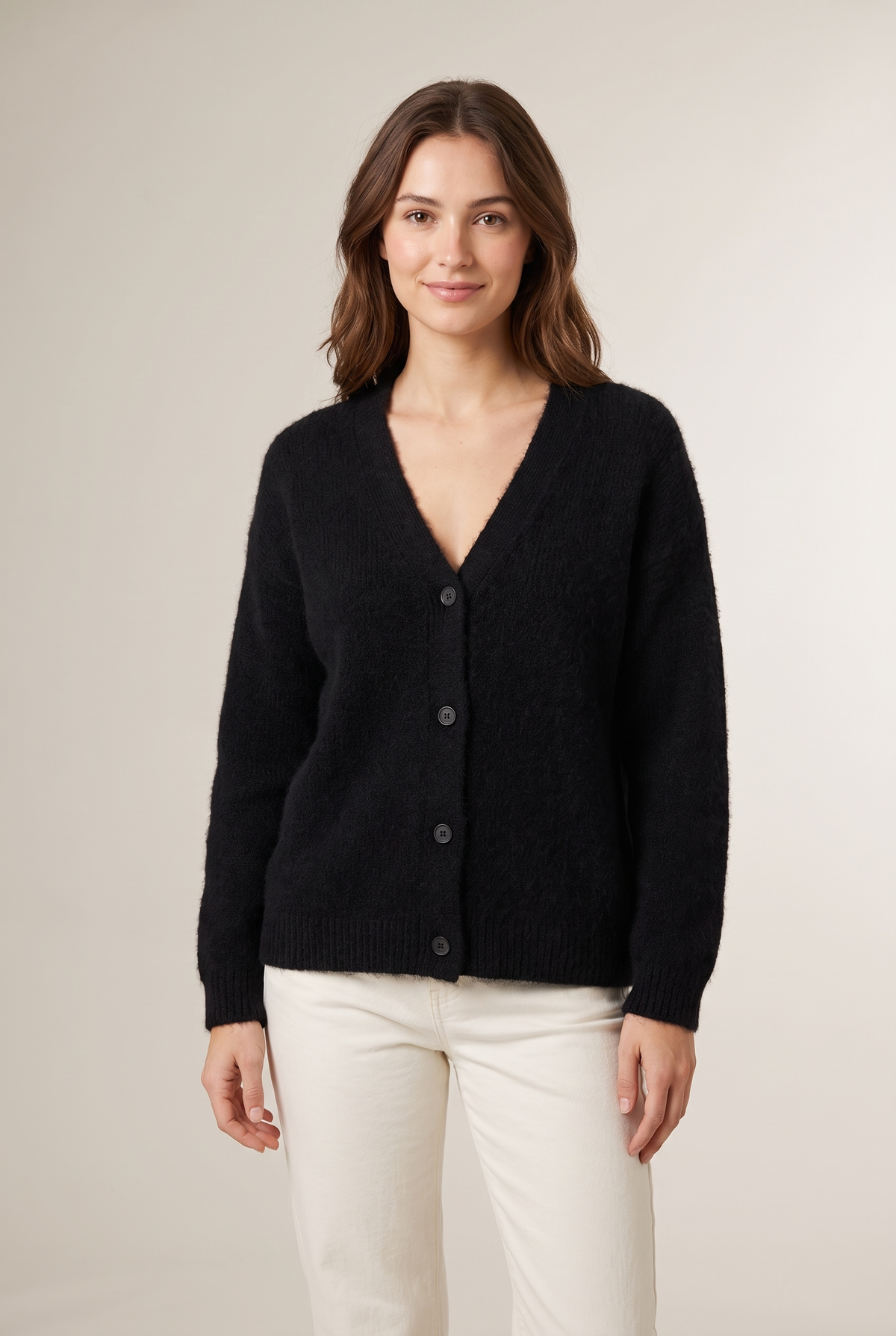 Sophie Women's Soft V-Neck Button-Up Knitted Sweater in Black, on model