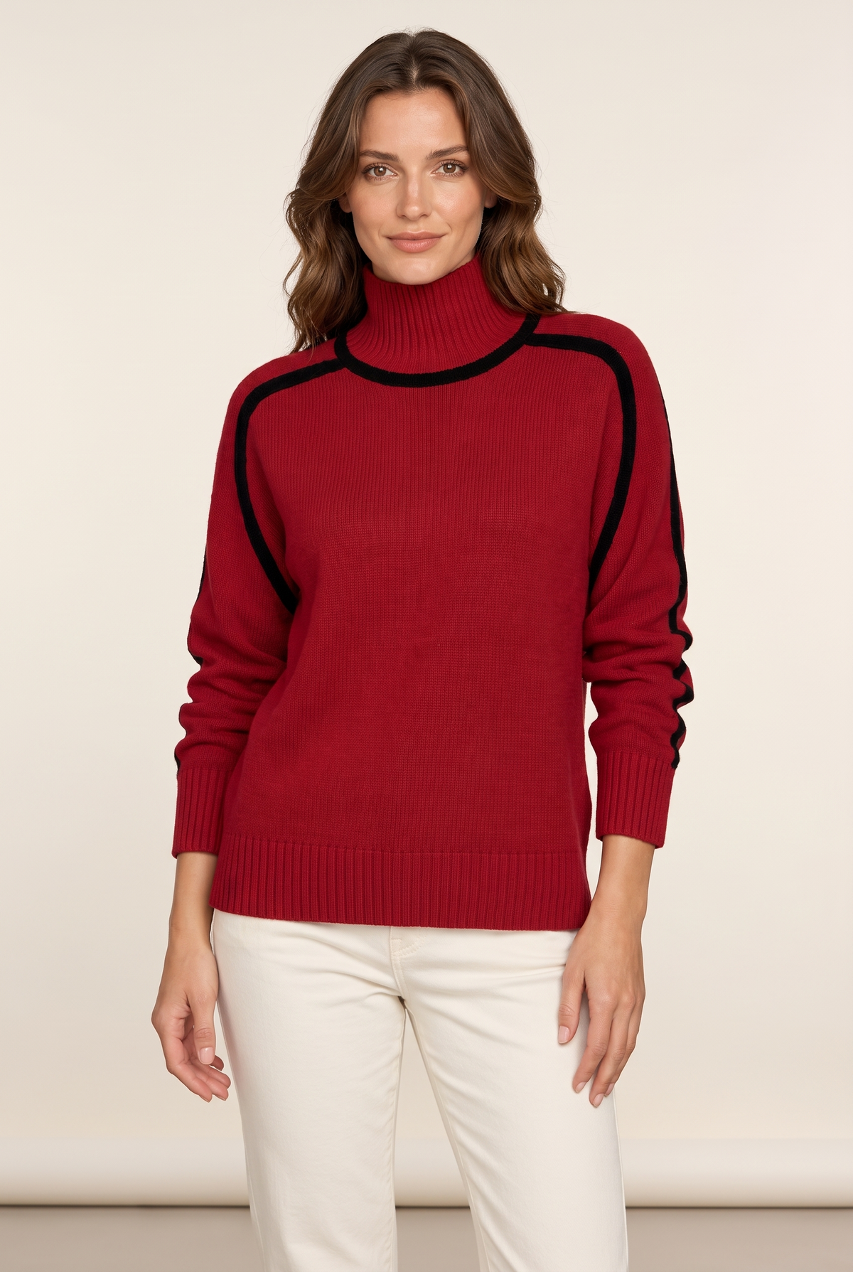 Elena Women's Contrast-Trim Turtleneck Sweater in Red, on model
