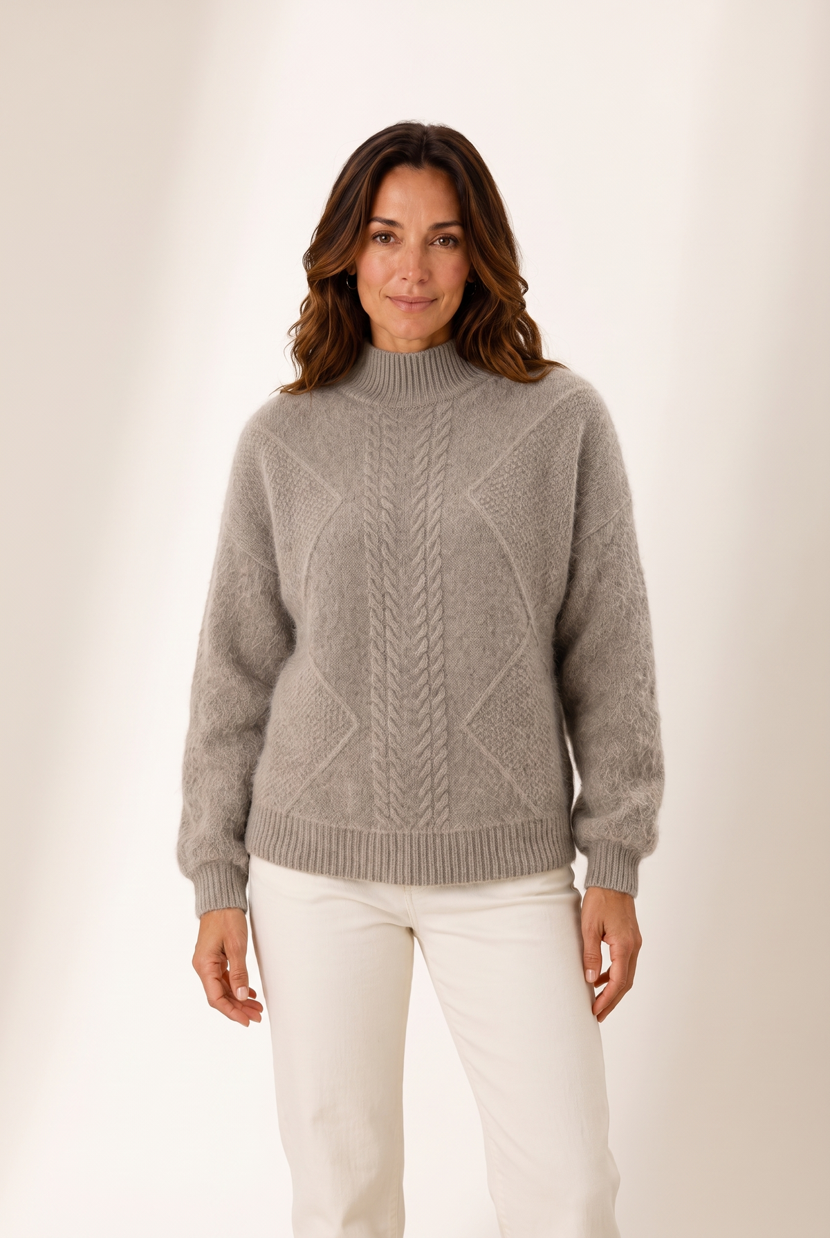 Elise Women's Mock-Neck Cable-Knit Winter Sweater in Gray, on model