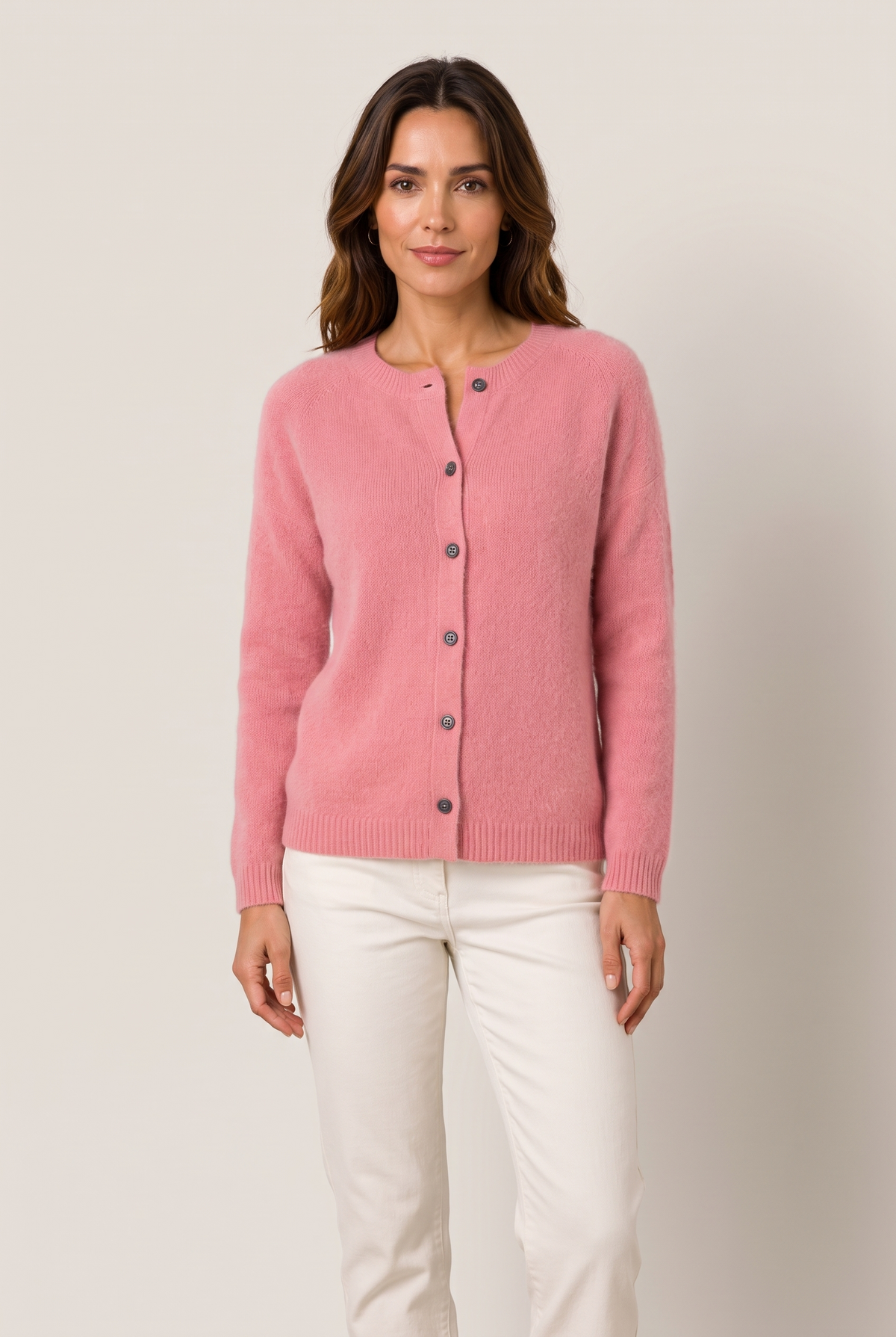 Elise Women's Soft Button-Up Sweater in Pink, on model