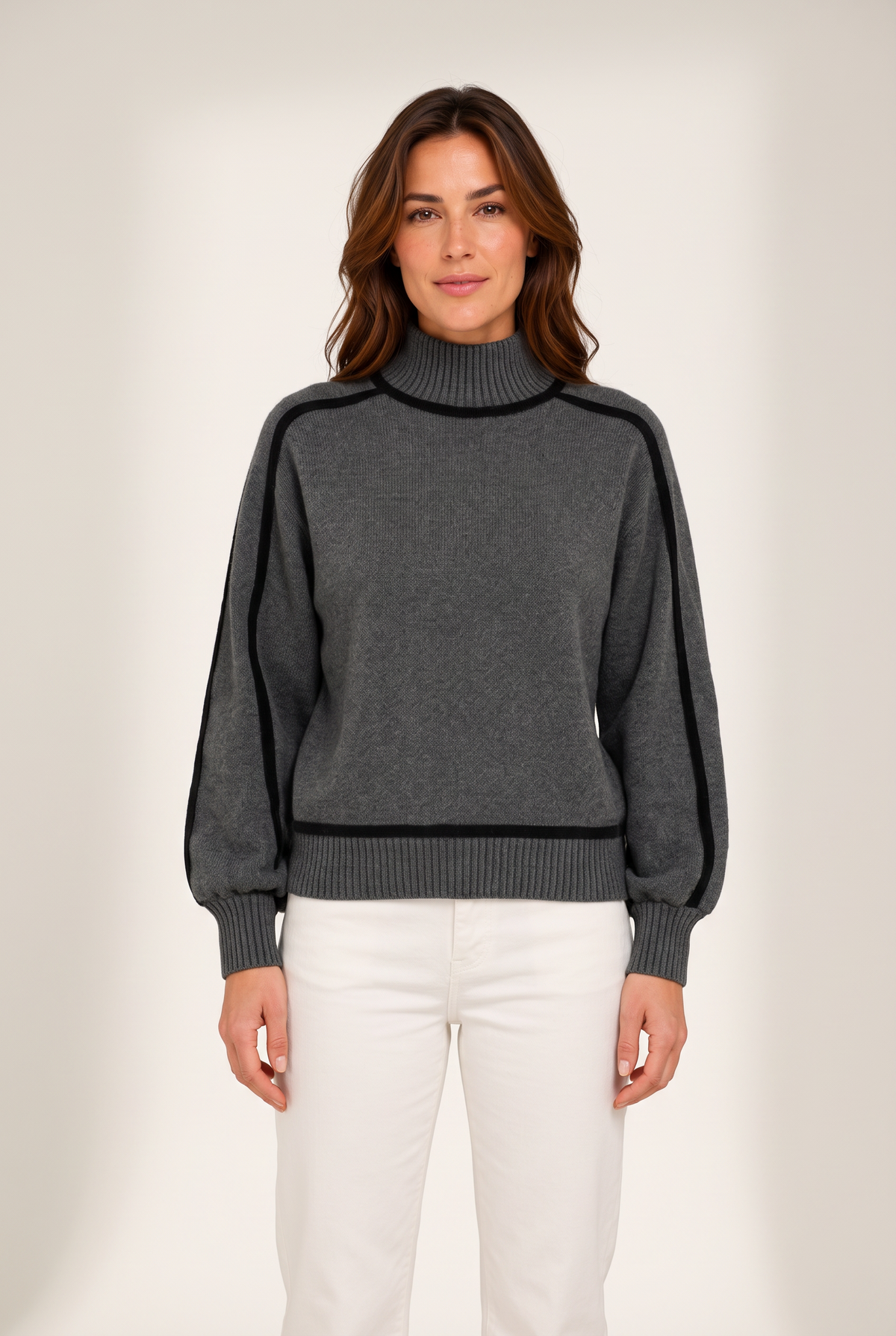 Elena Women's Contrast-Trim Turtleneck Sweater in Gray, on model