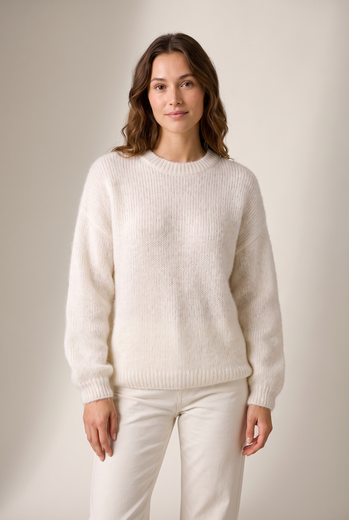 Lorie Women's Soft Relaxed-Fit Knit Sweater in White, on model