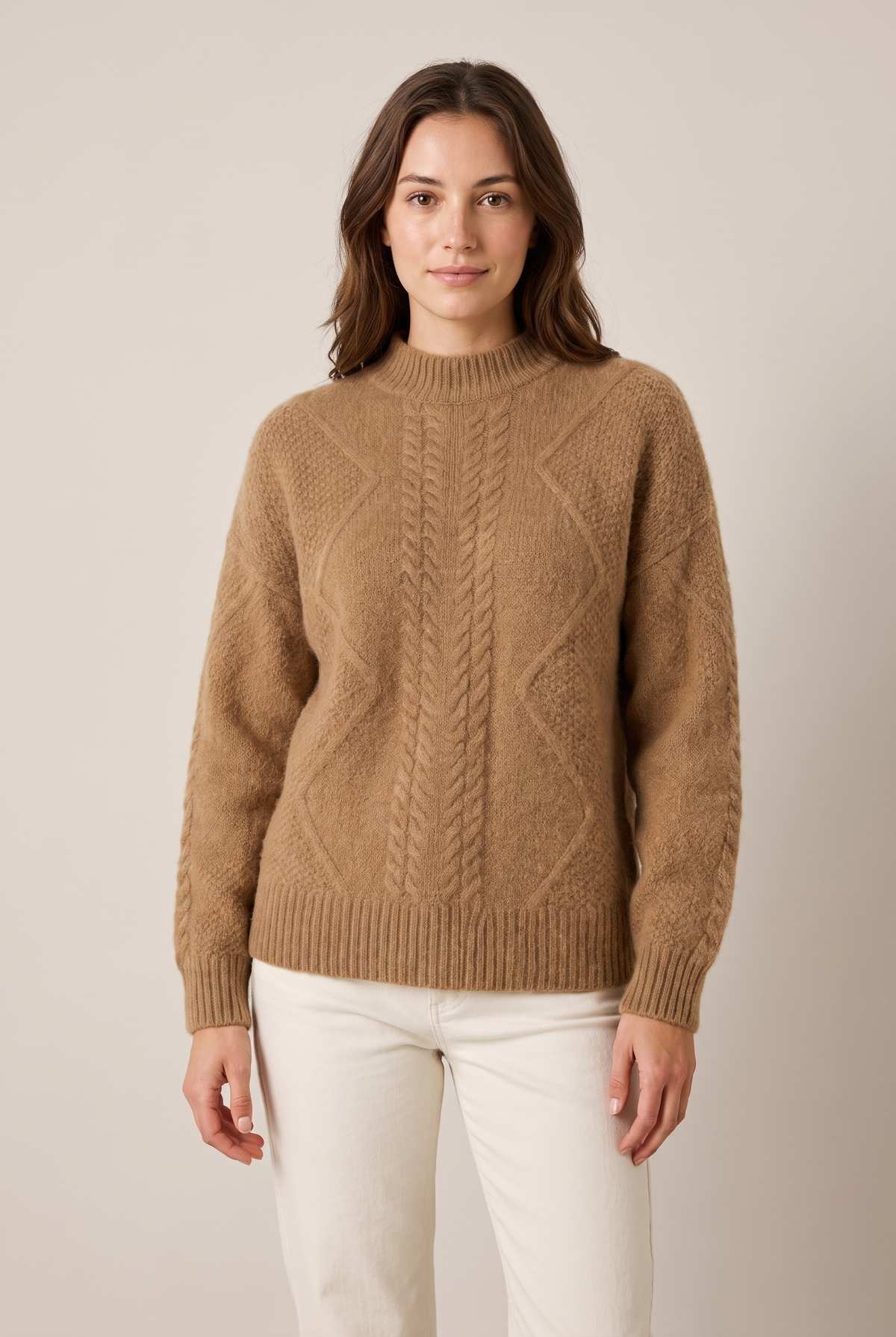 Elise Women's Mock-Neck Cable-Knit Winter Sweater in Brown, on model