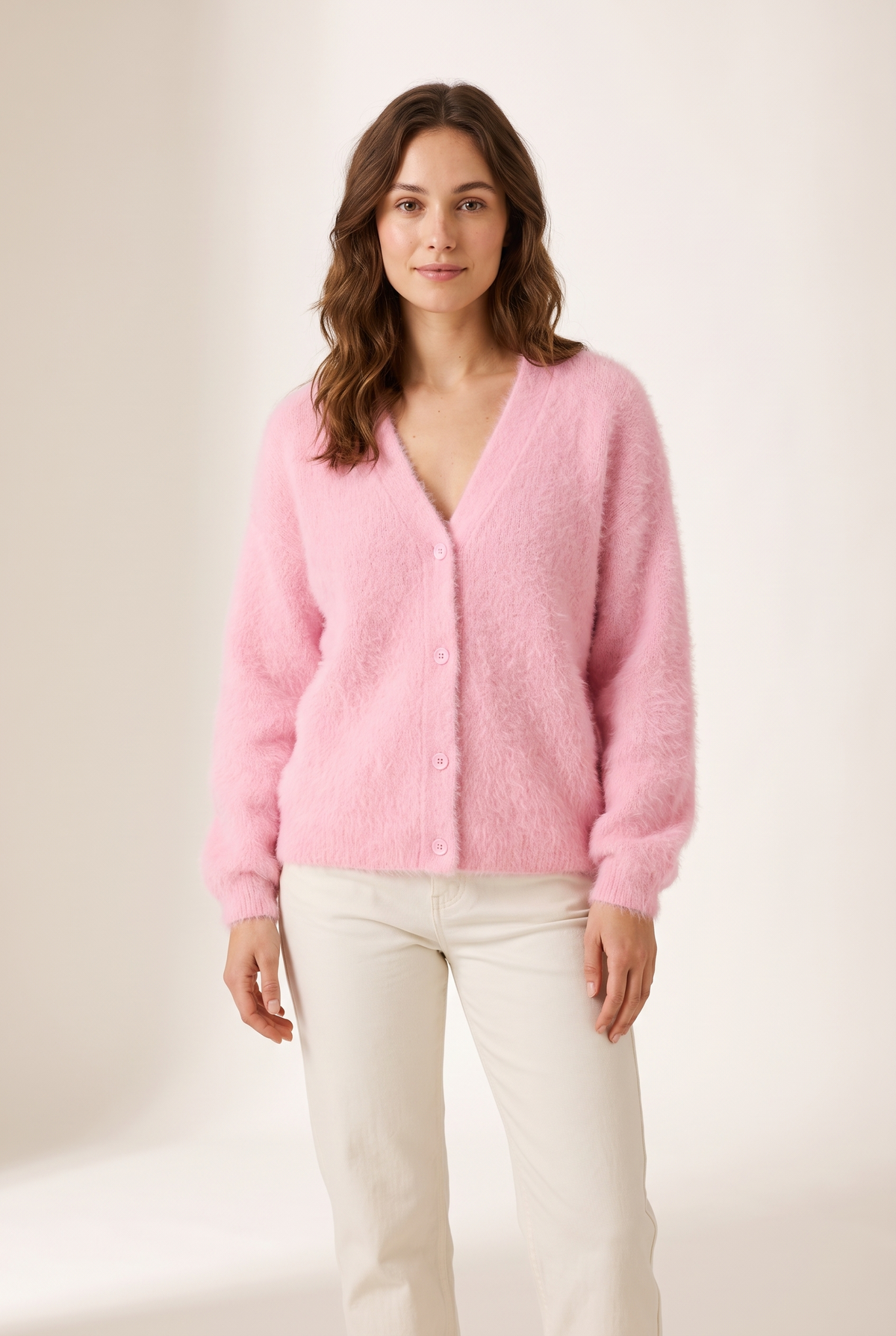 Sophie Women's Soft V-Neck Button-Up Knitted Sweater in Pink, on model