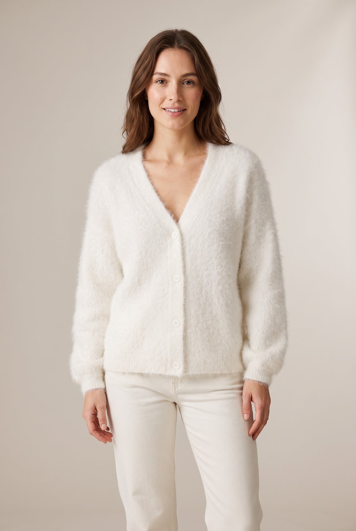 Sophie Women's Soft V-Neck Button-Up Knitted Sweater in White, on model